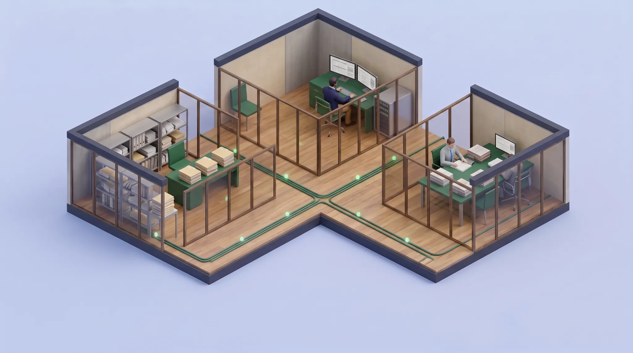 Isometric concept illustration of connected financial-crime intake, analysis, and review rooms.