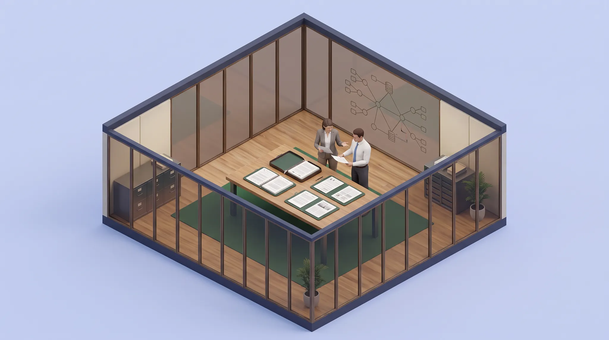 Isometric concept illustration of analysts reviewing due-diligence evidence in a glass office.