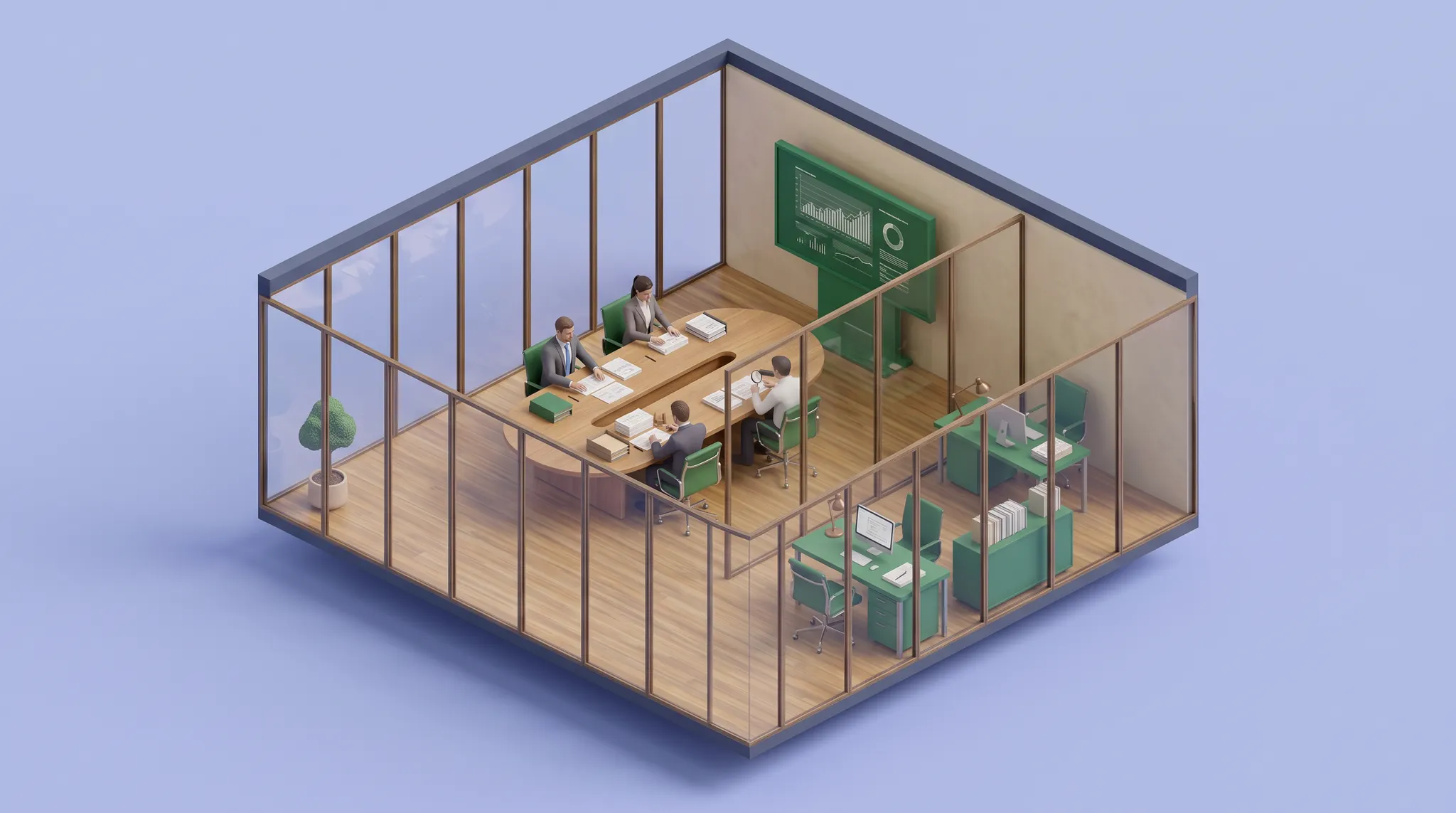 Isometric concept illustration of a shared review team connected to a bank operations room.