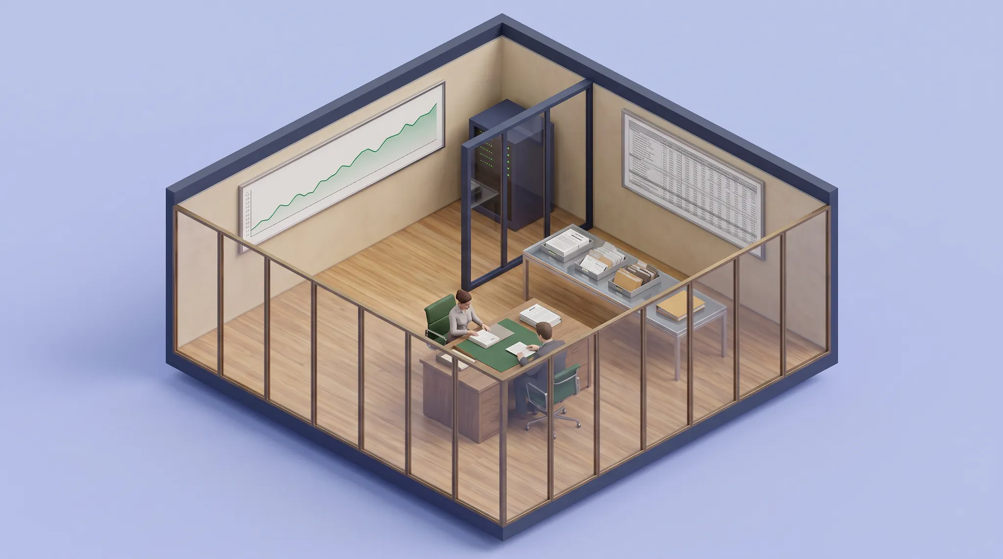 Isometric concept illustration of a model-validation room with test evidence and review displays.