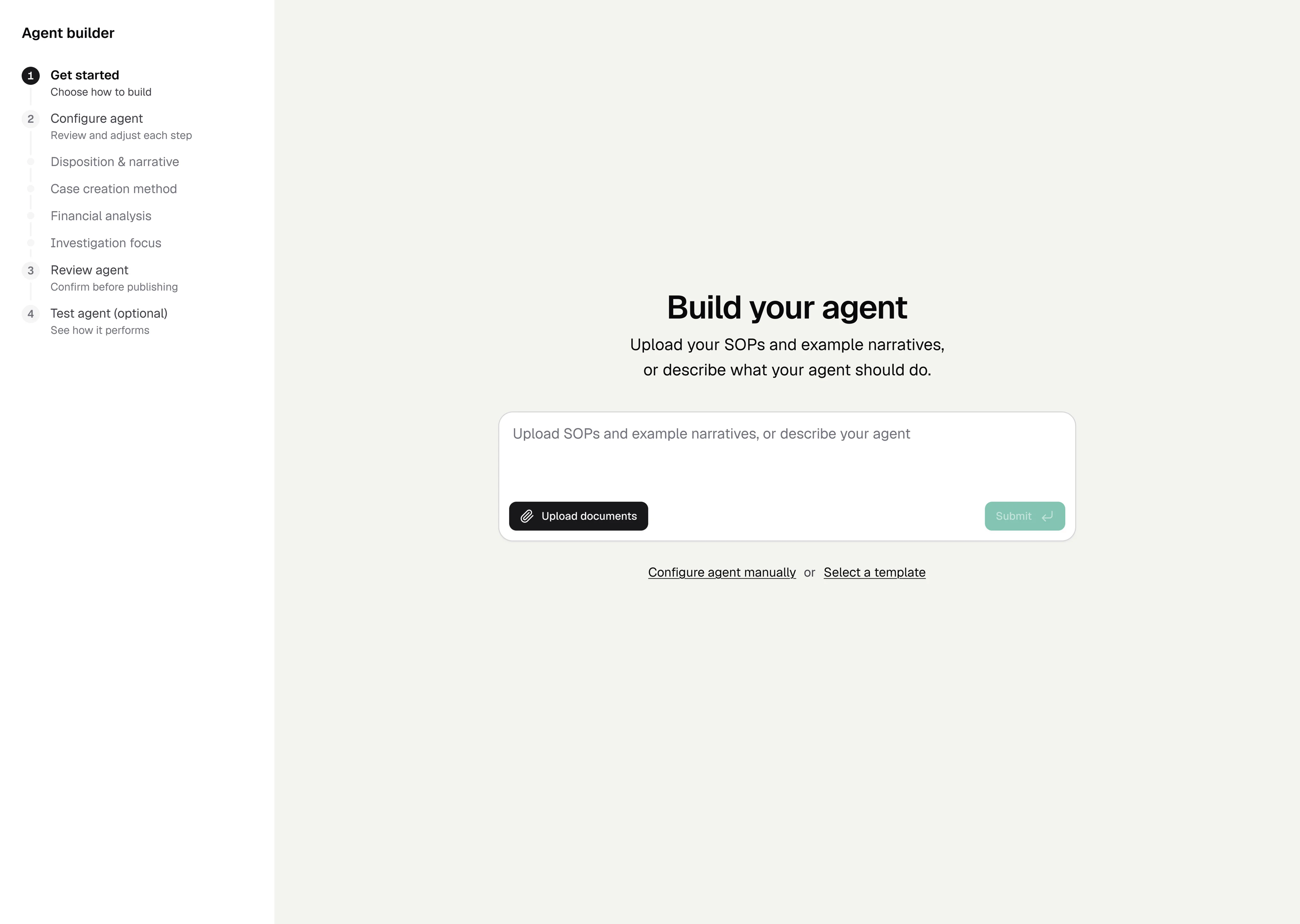 Bretton Agent Builder screen for uploading SOPs and example narratives