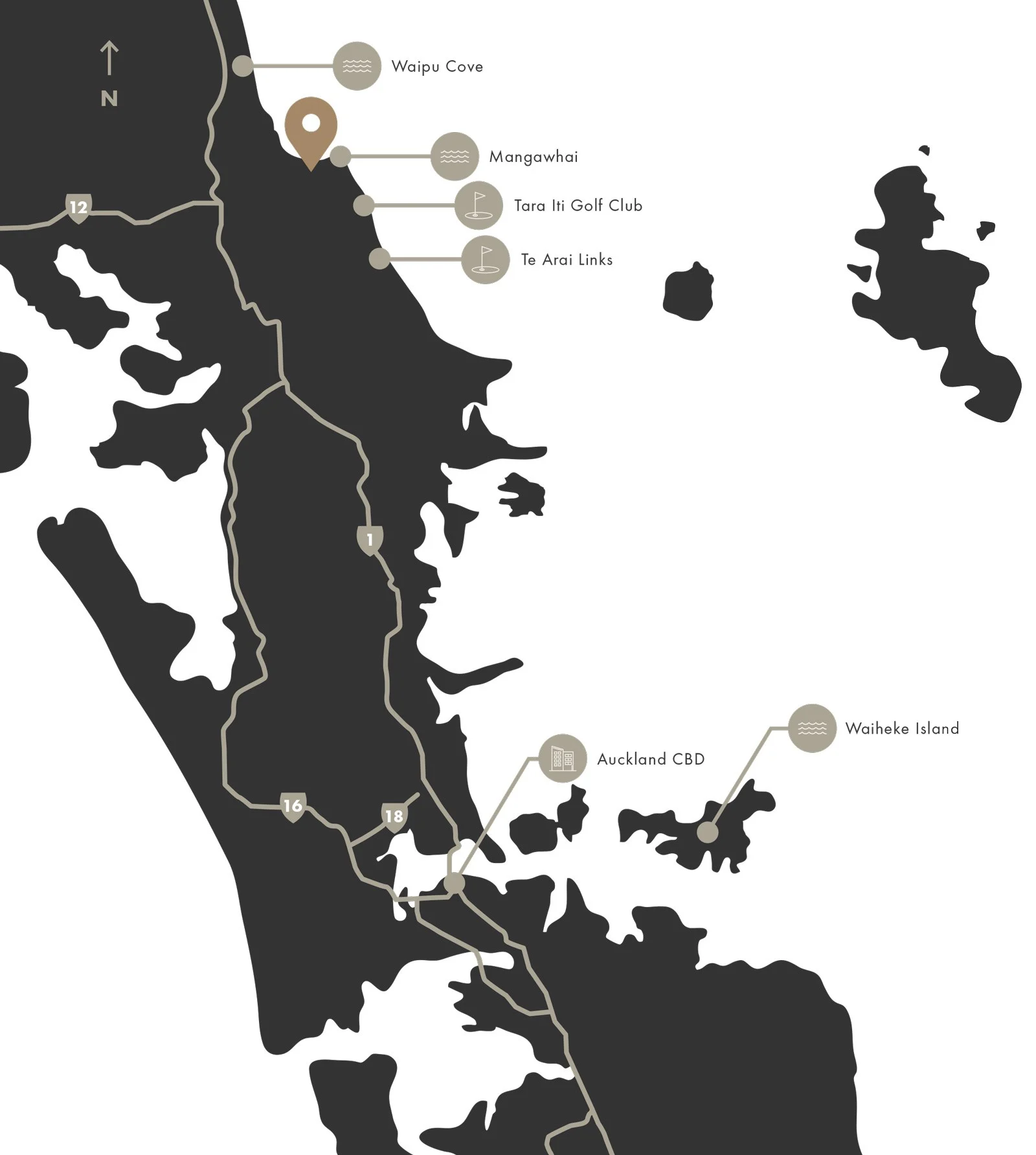 Map showing Andersons Cove north of Auckland, near Waipu Cove, Mangawhai, Tara Iti Golf Club and Te Arai Links