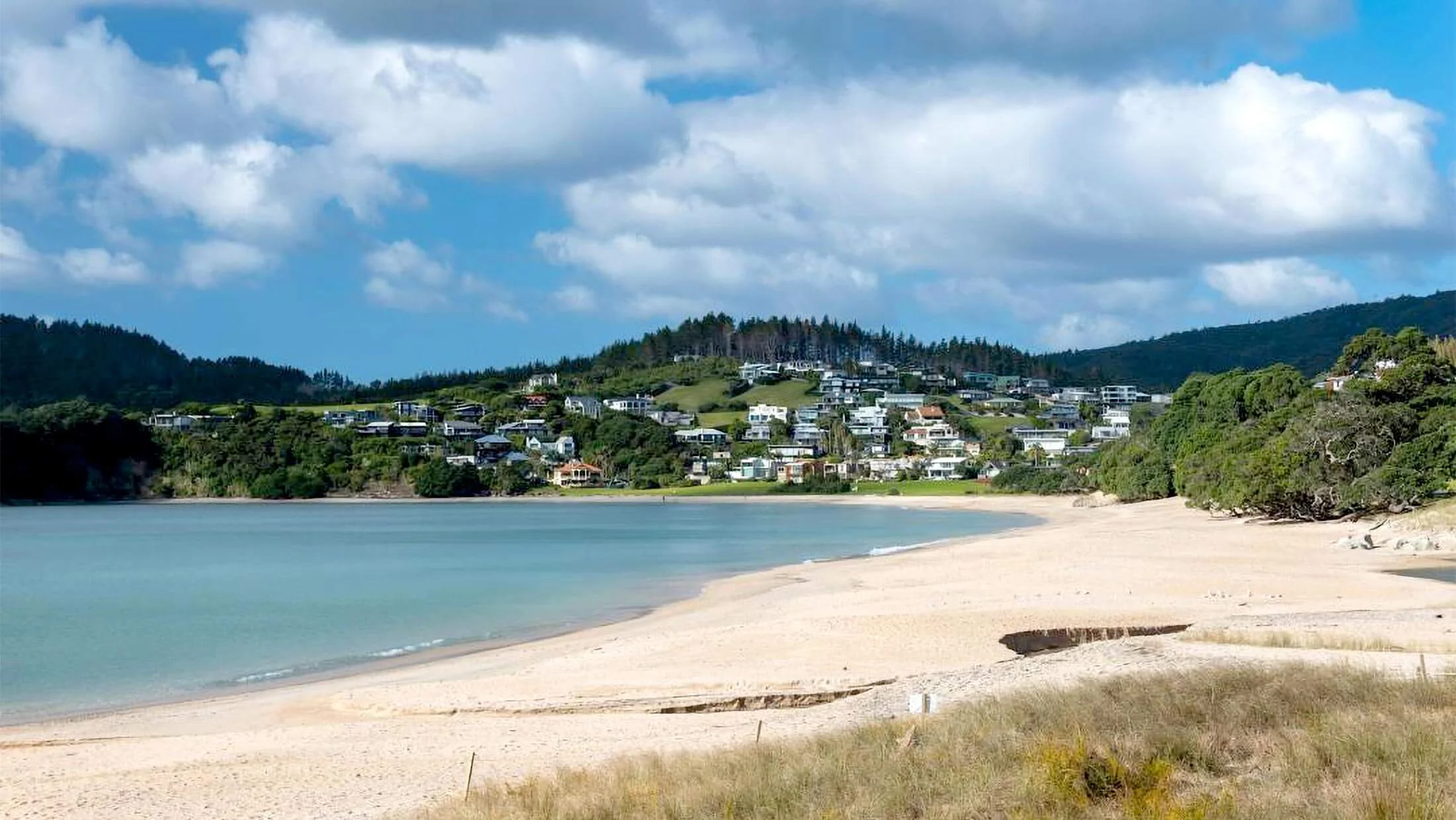 Langs Beach curving between green headlands