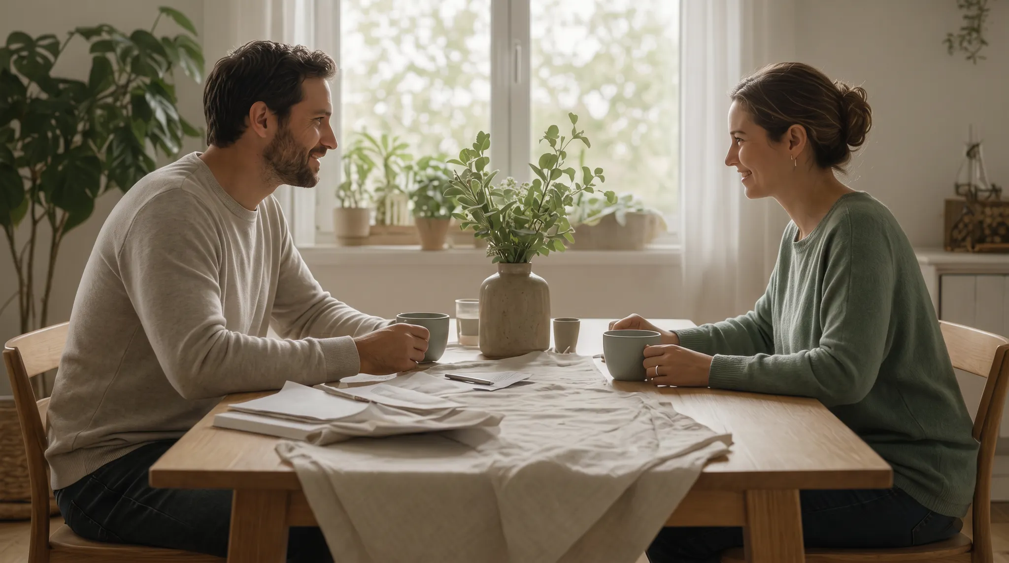 A couple sharing tea at a warm oak kitchen table