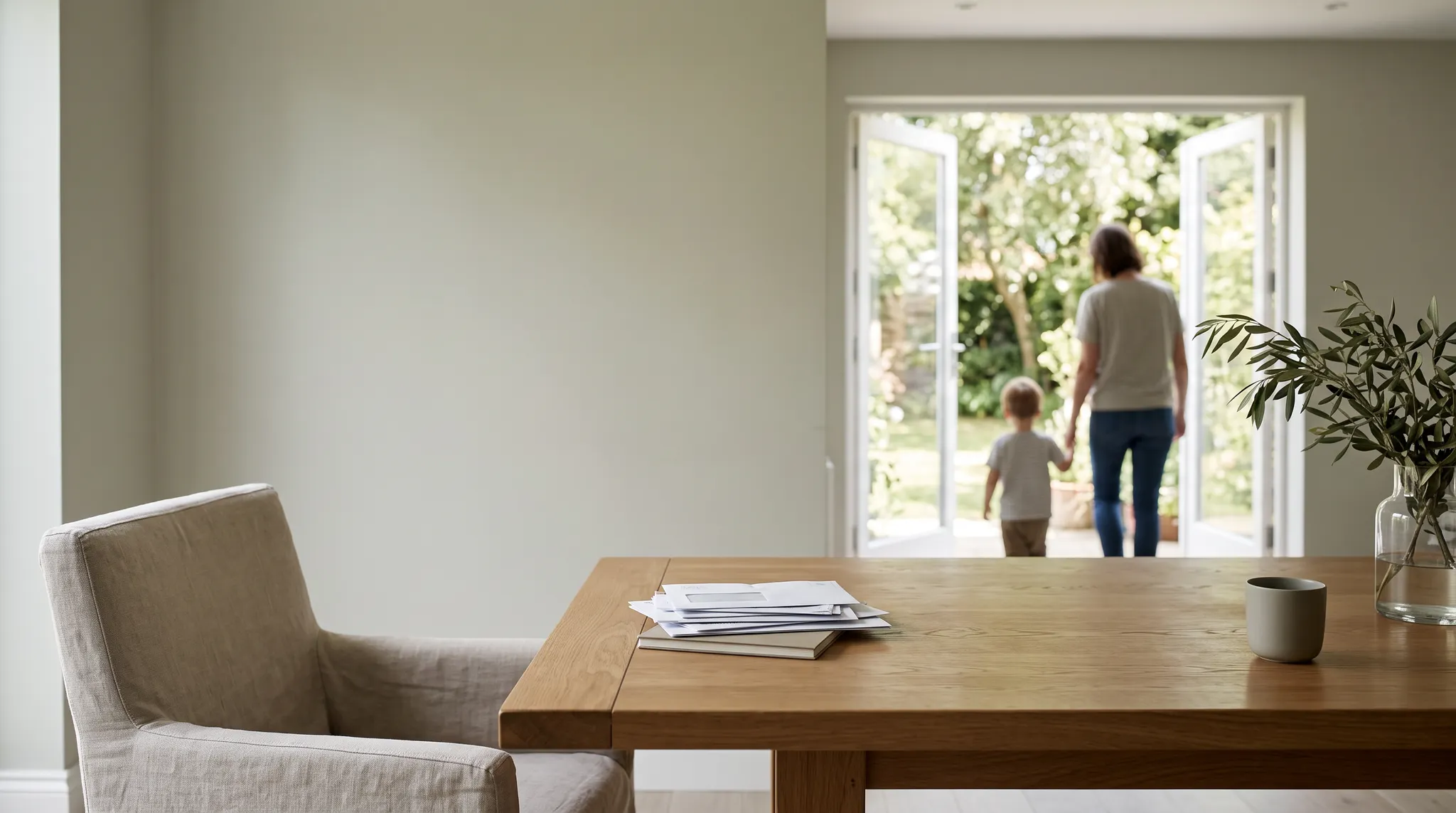 Paperwork on a table while a parent and child head into the garden