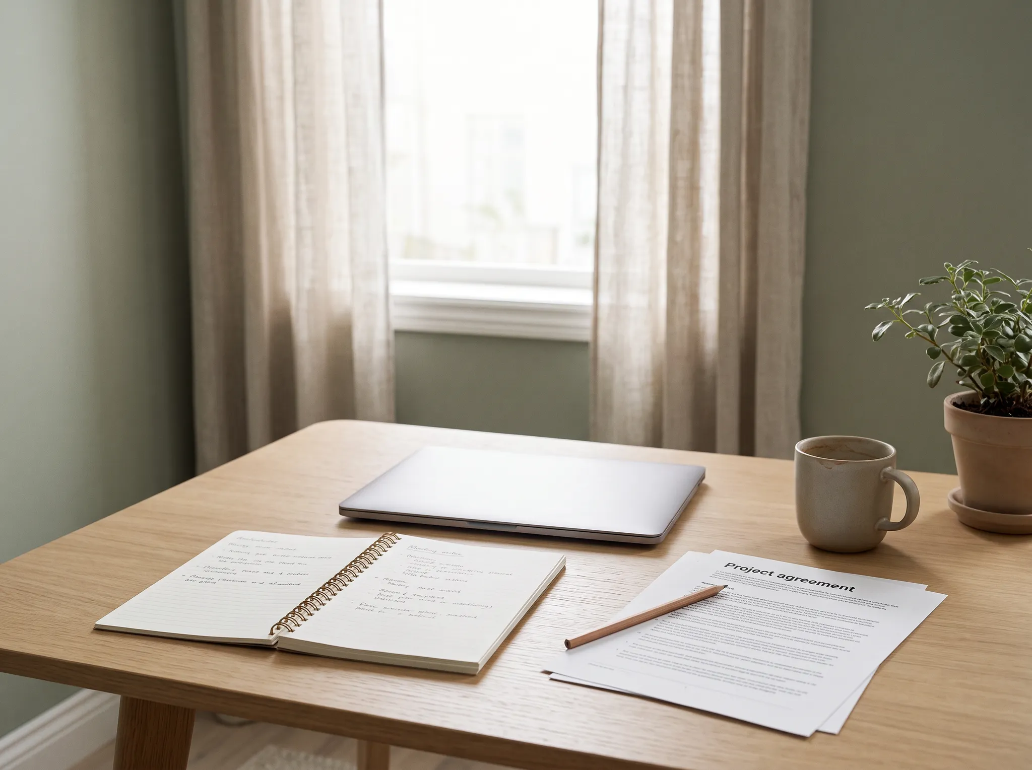 An agreement, notebook and laptop on a home desk