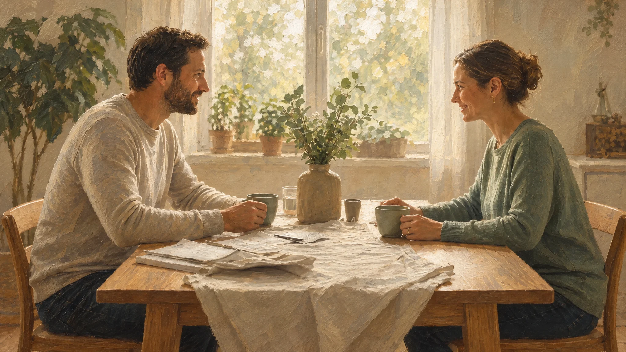 Oil painting of a couple talking over tea at a kitchen table