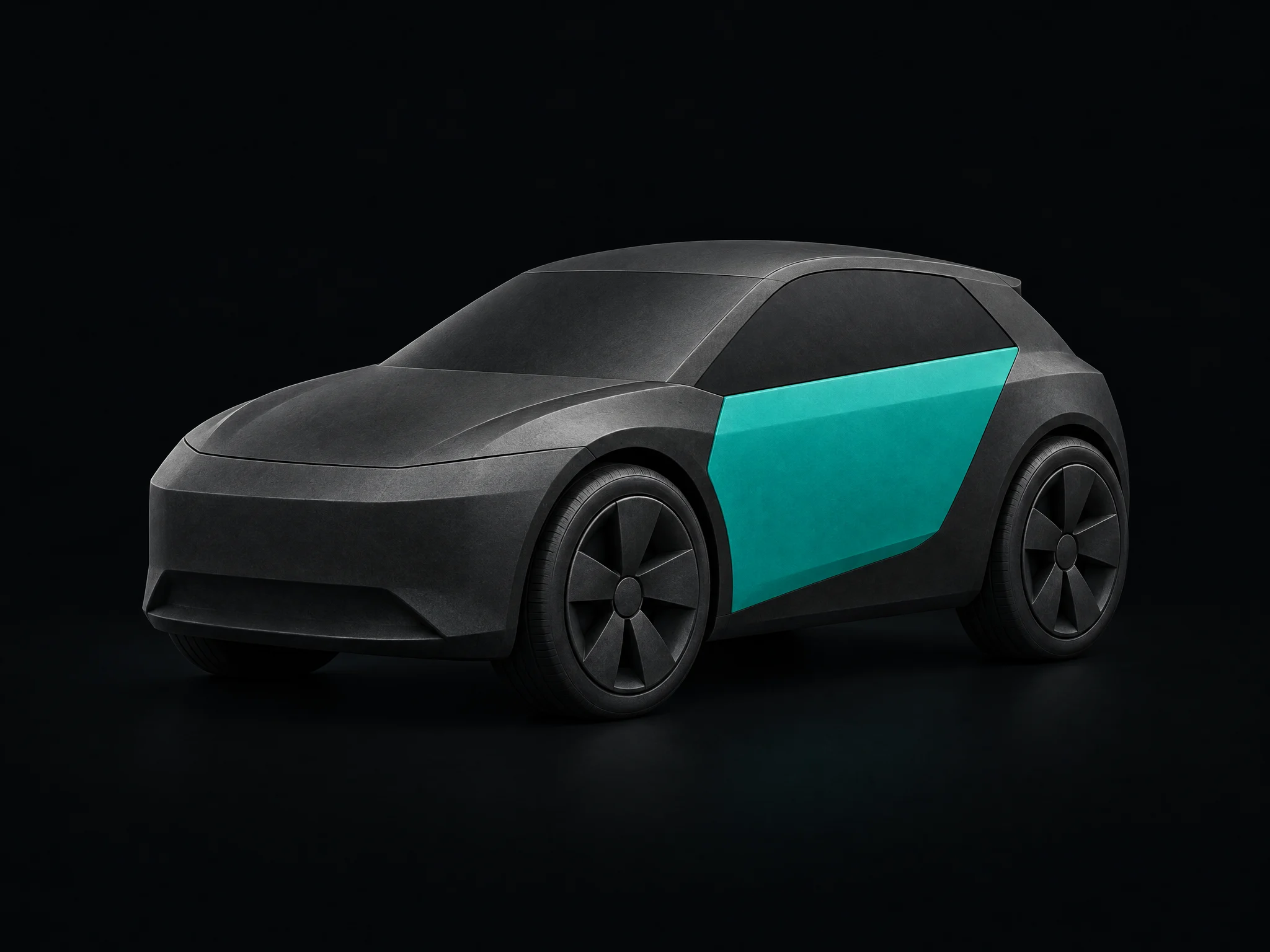 Unbranded graphite car sculpture with a teal side panel.