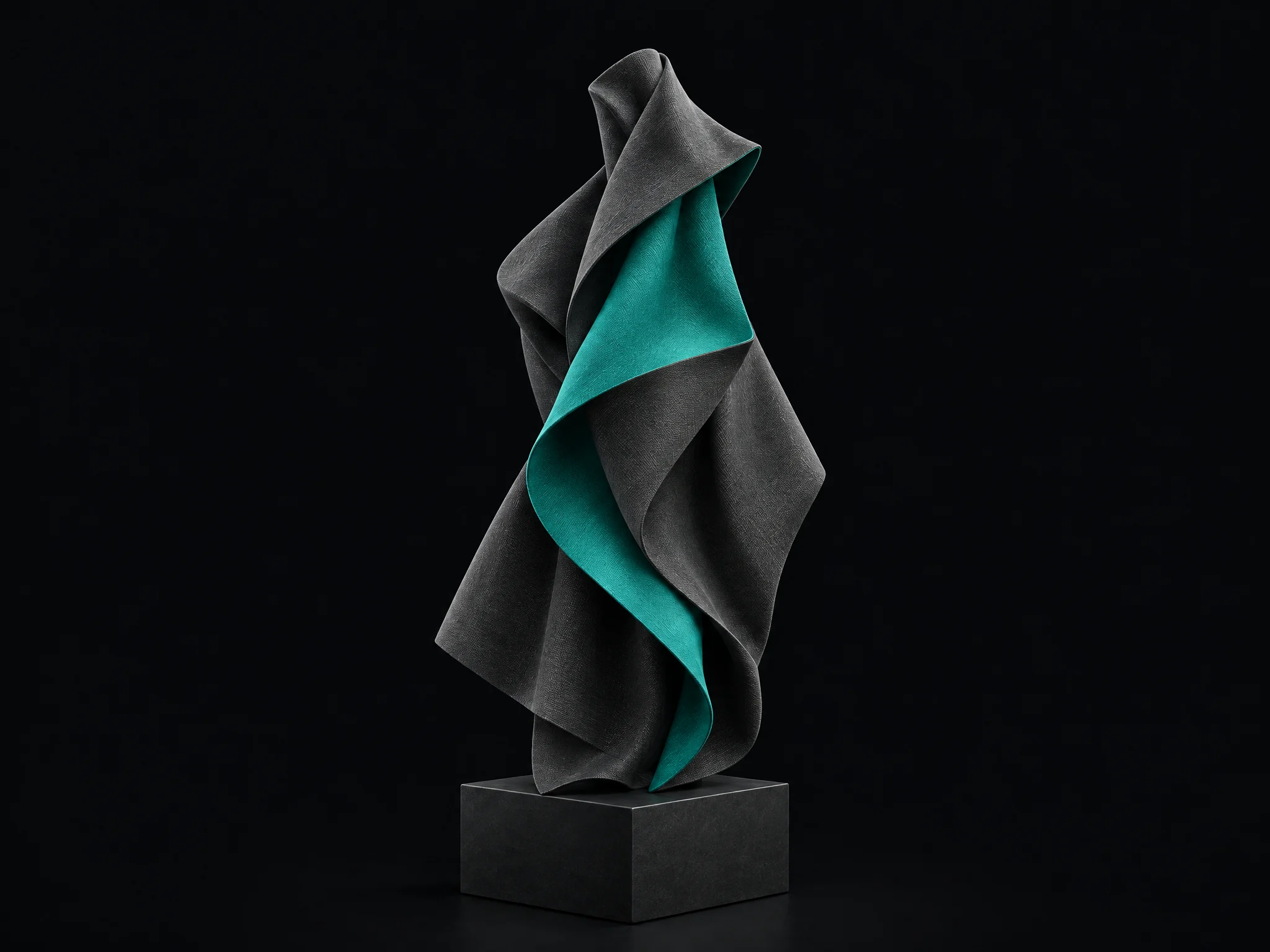 Conceptual folded graphite fabric sculpture with a teal inner panel.