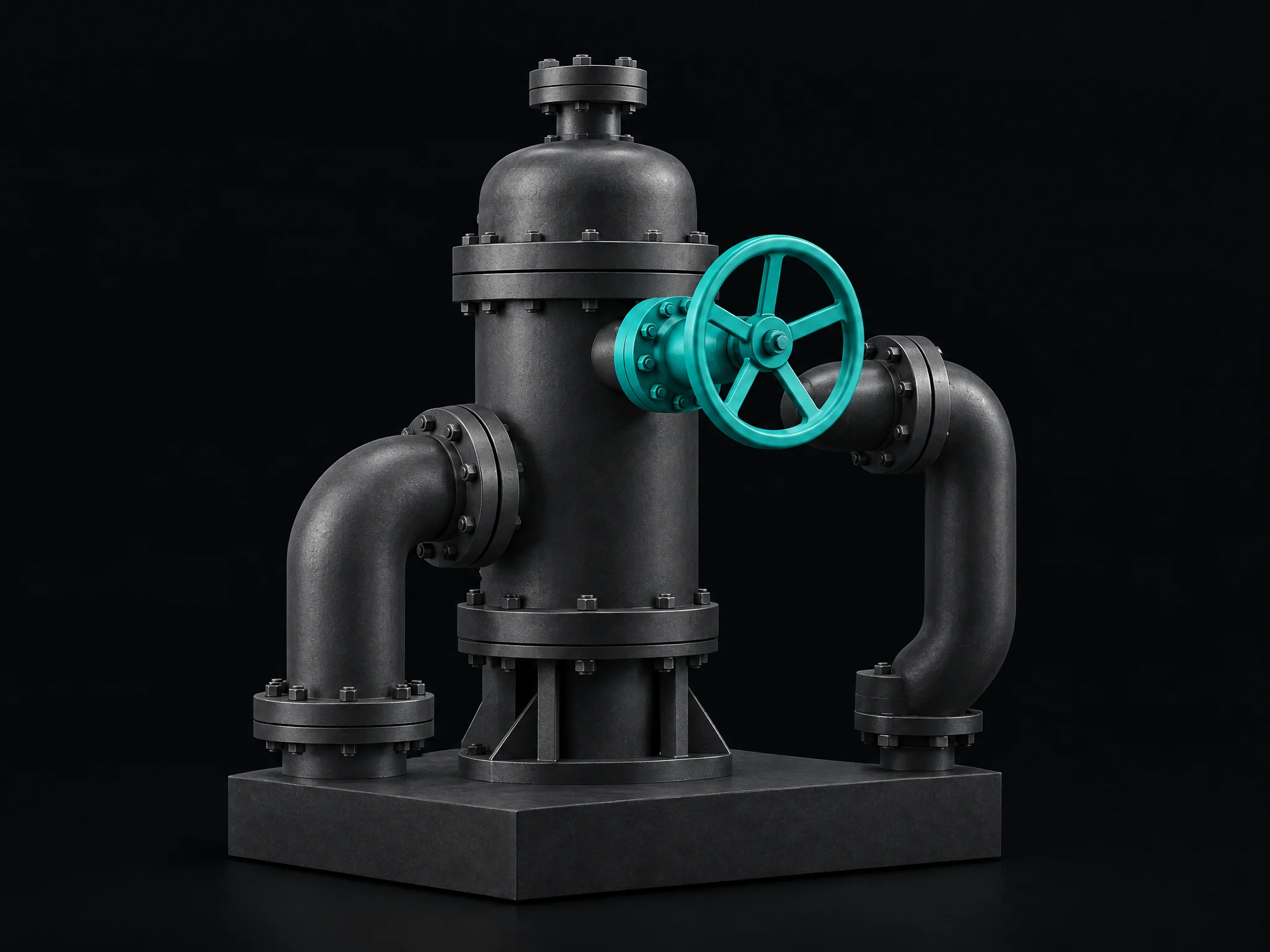 Conceptual graphite pipe and wellhead model with a teal valve.