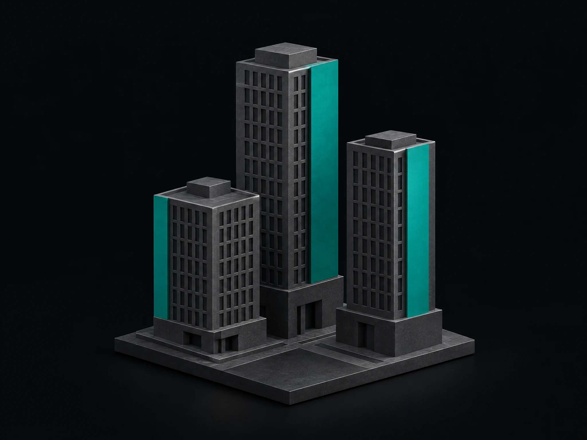 Conceptual graphite architectural model with teal facades.