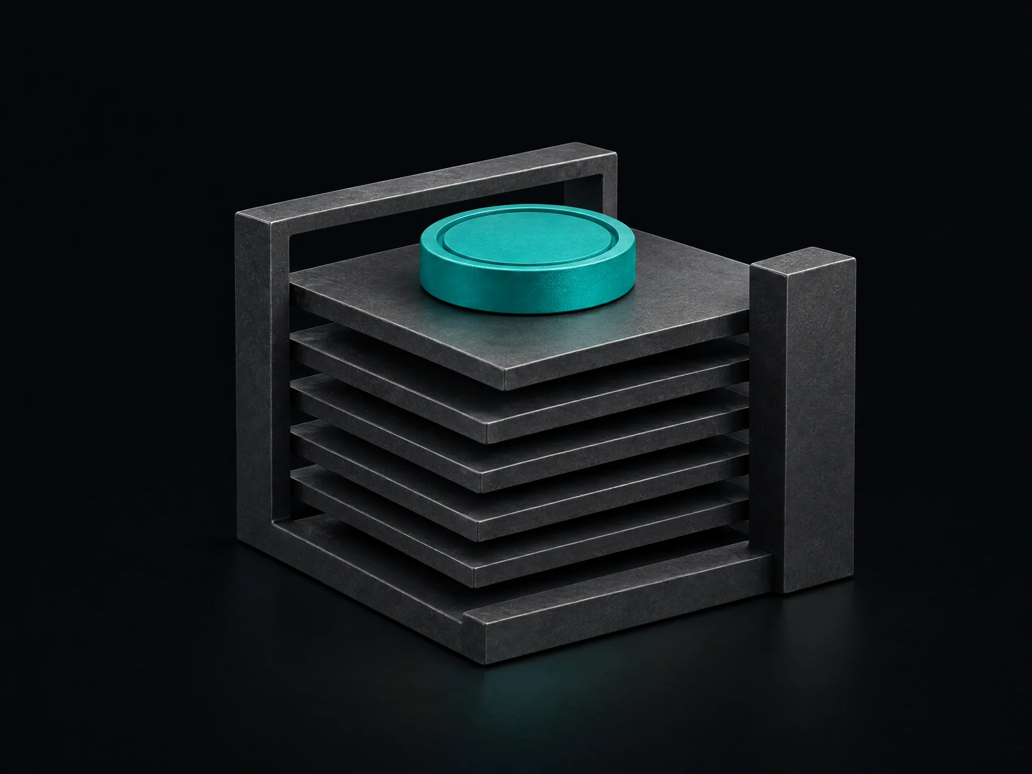 Conceptual graphite document plates with a teal seal.
