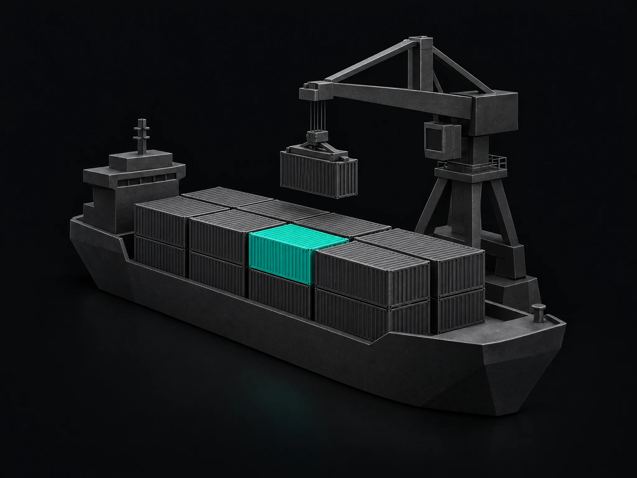 Conceptual graphite cargo vessel and crane with a teal container.