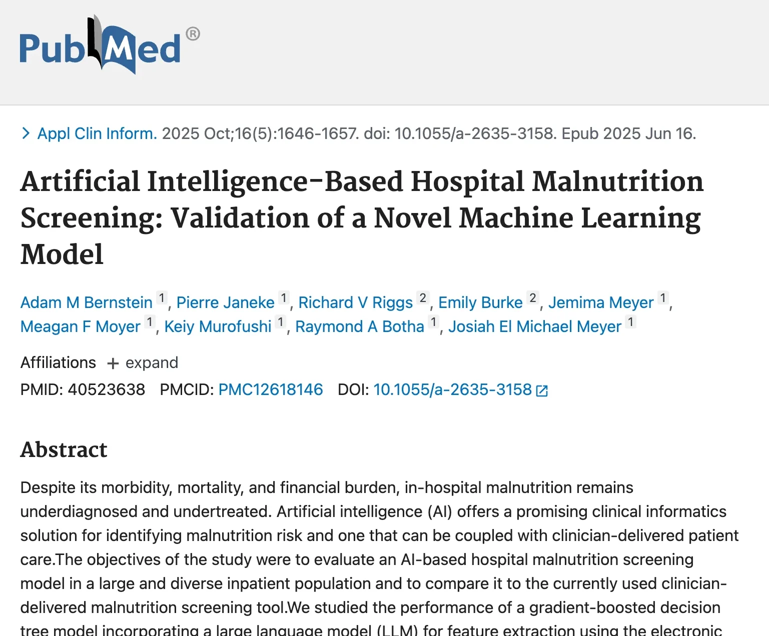 PubMed listing for Artificial Intelligence-Based Hospital Malnutrition Screening: Validation of a Novel Machine Learning Model, by Bernstein et al.
