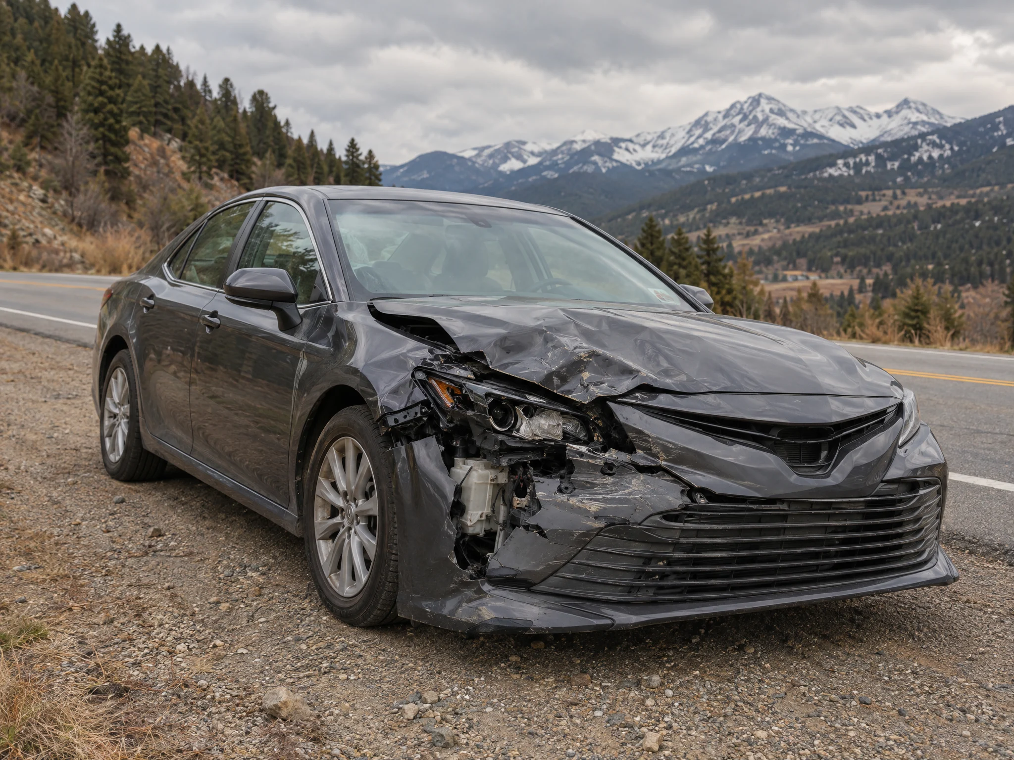 Gray sedan with front-end damage on a Colorado roadside