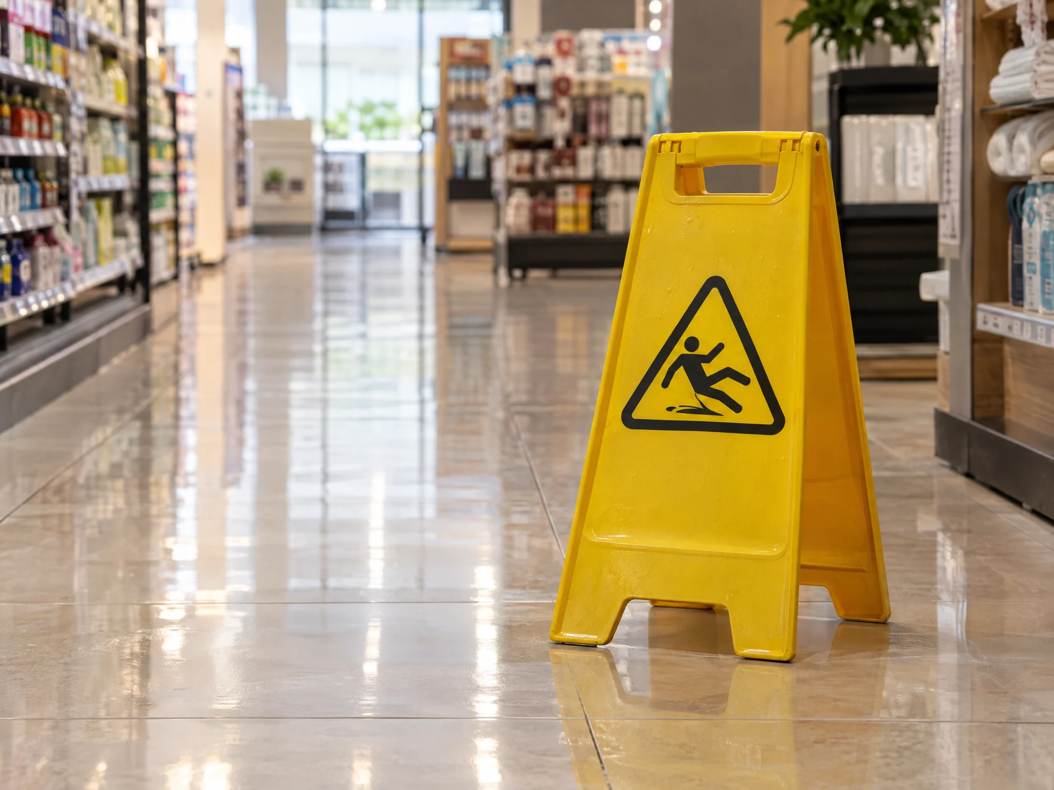 Yellow wet floor sign in a store aisle