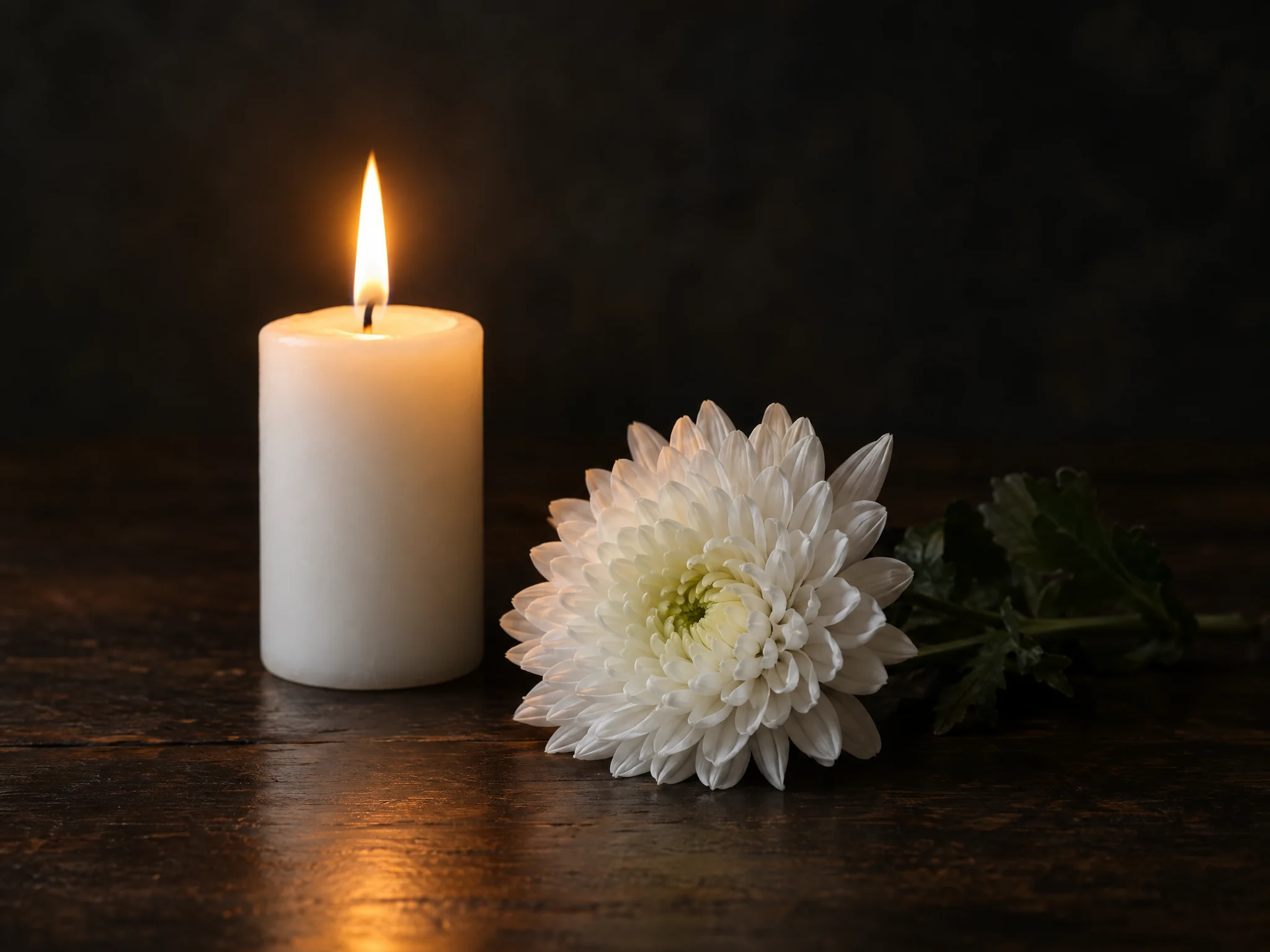 Lit white candle beside a white flower