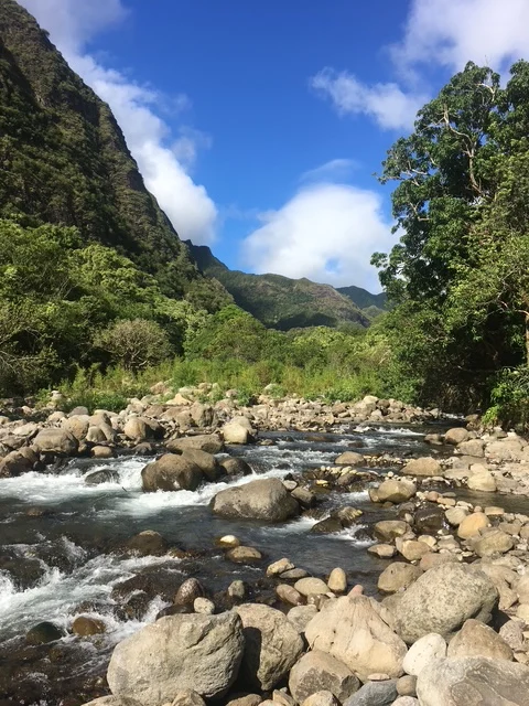 Rocky stream running through the green mountains of ʻĪao Valley