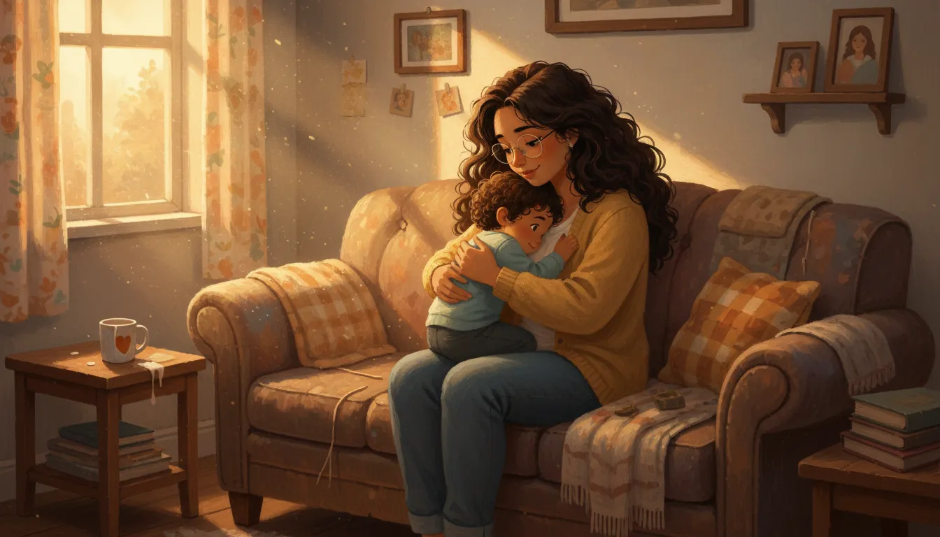 Illustrated scene of a mother holding her child in a warmly lit furnished home