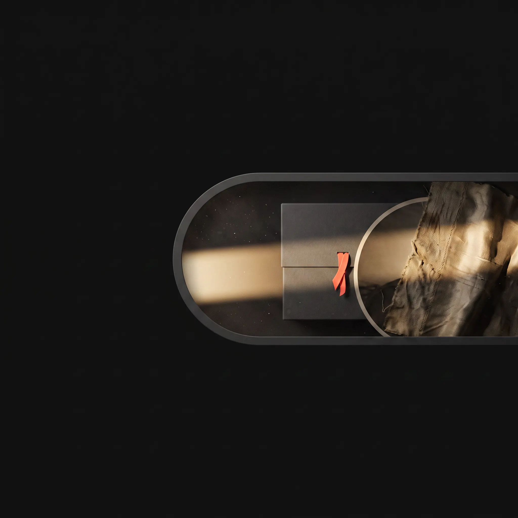 An archival box and worn textile illuminated inside one horizontal capsule