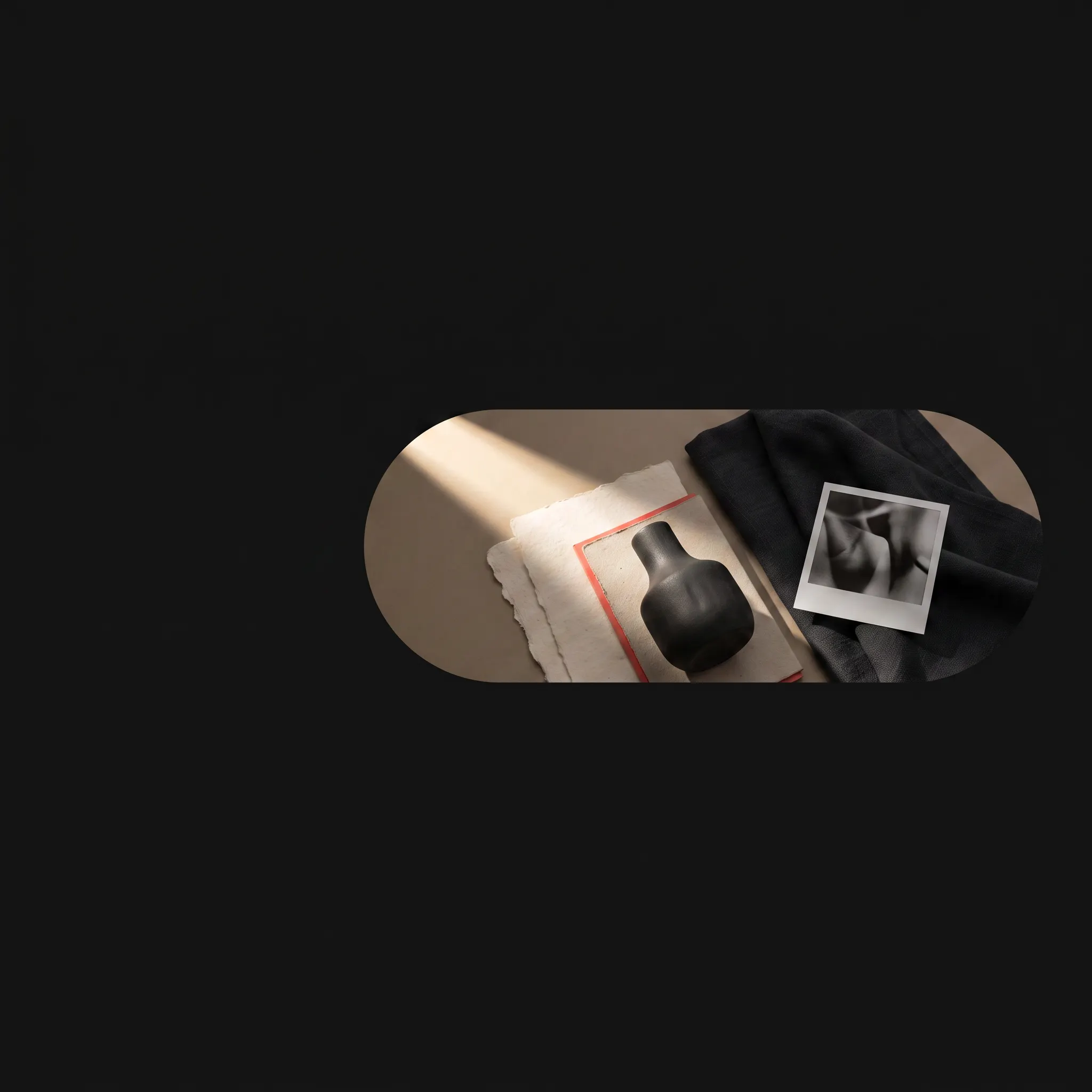 A singular art-directed brand world arranged inside one wide capsule crop
