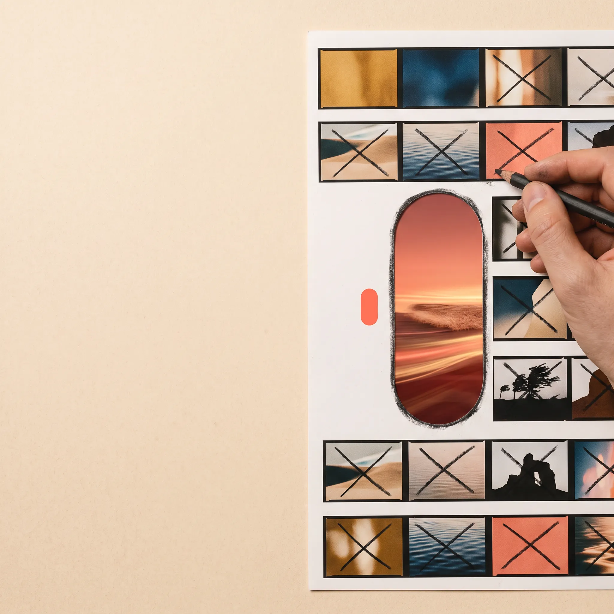 A hand curating a photographic contact sheet around one capsule-shaped selection