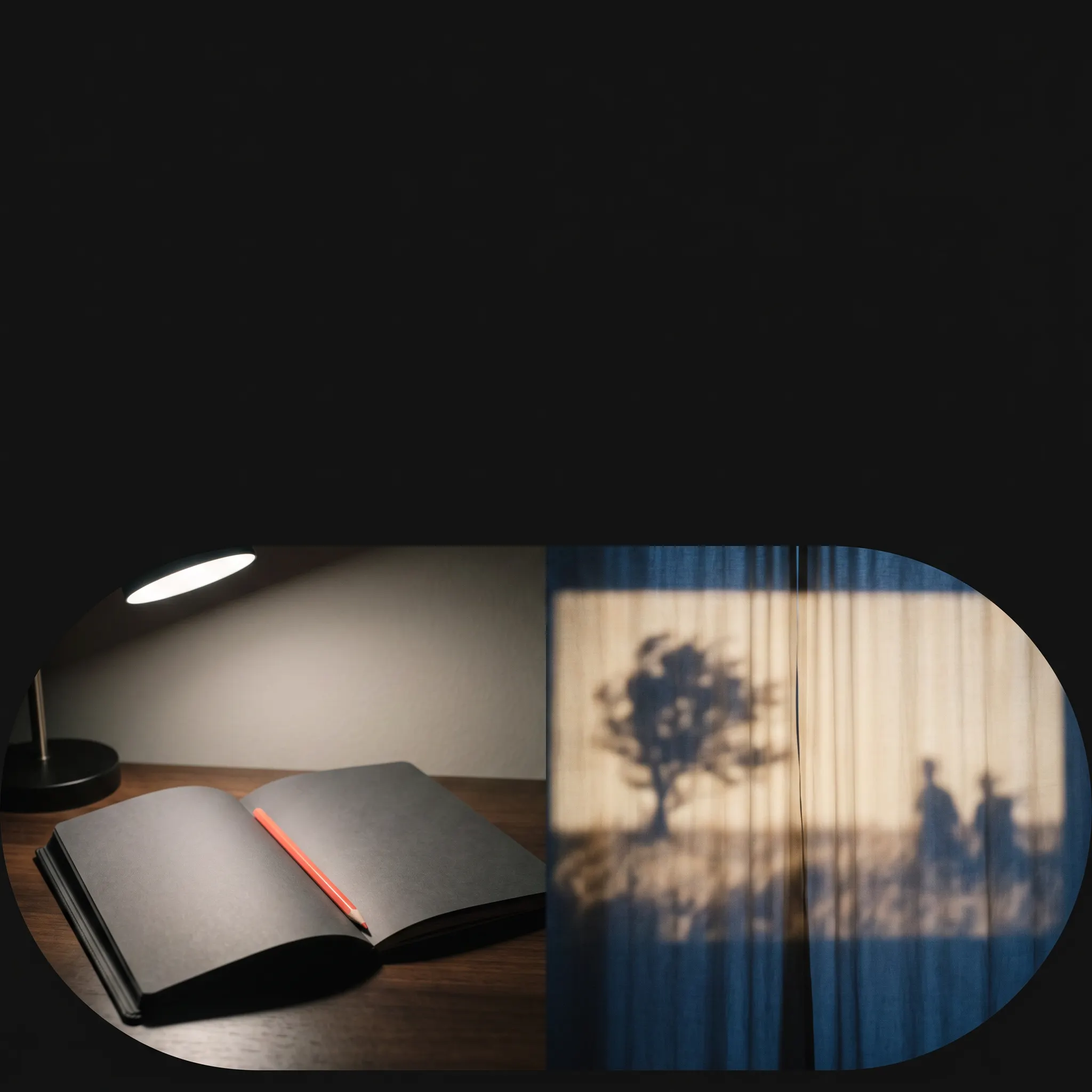 A notebook and projected curtain sharing one continuous wide capsule room