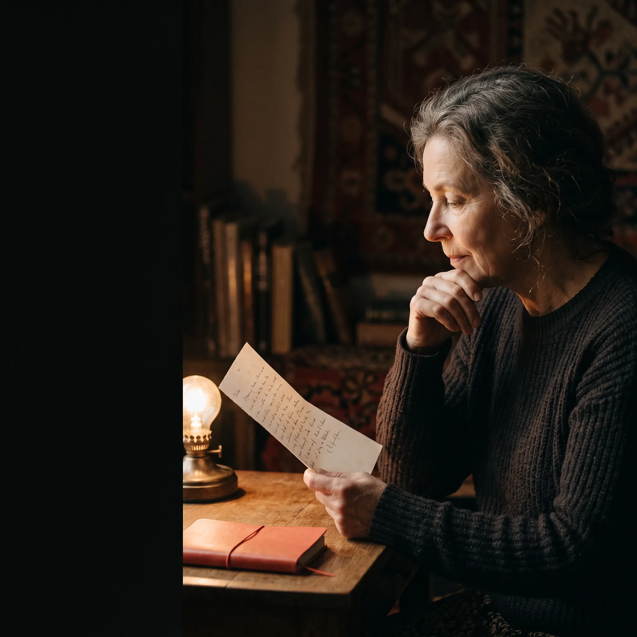 A storyteller reading a handwritten page by warm lamplight