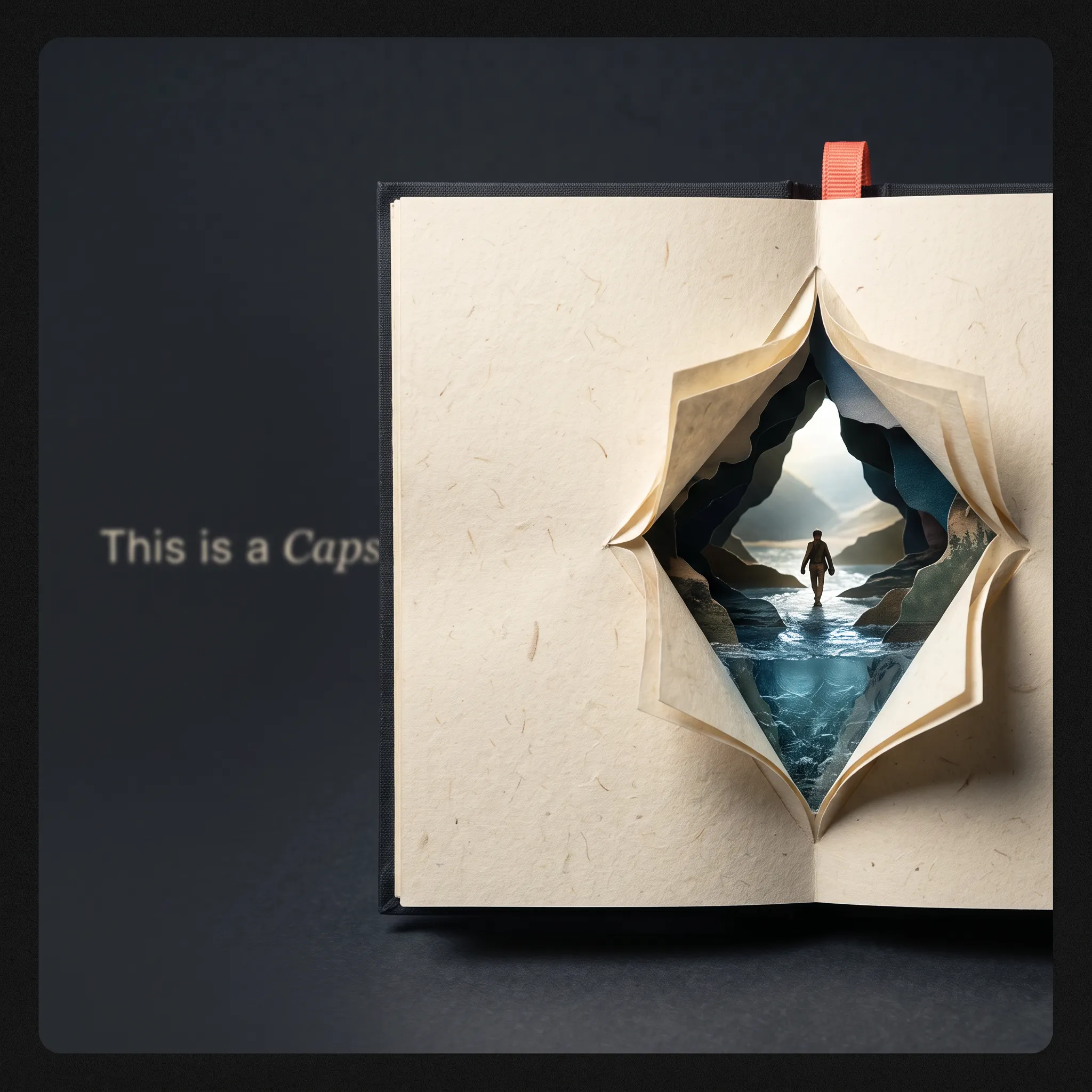 A paper page opening into a miniature cinematic world