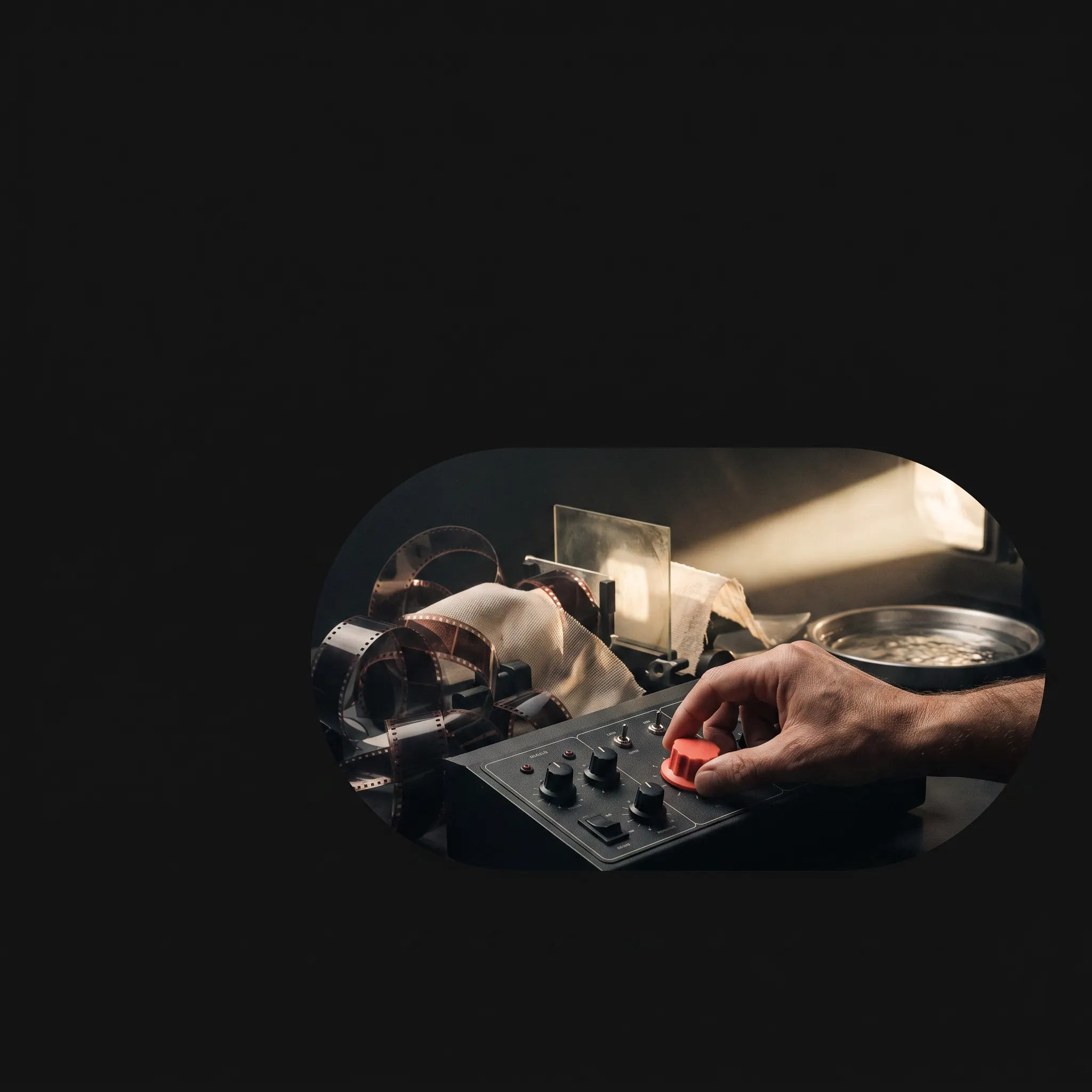 A hand directing light, film, fabric, and reflection inside one wide capsule