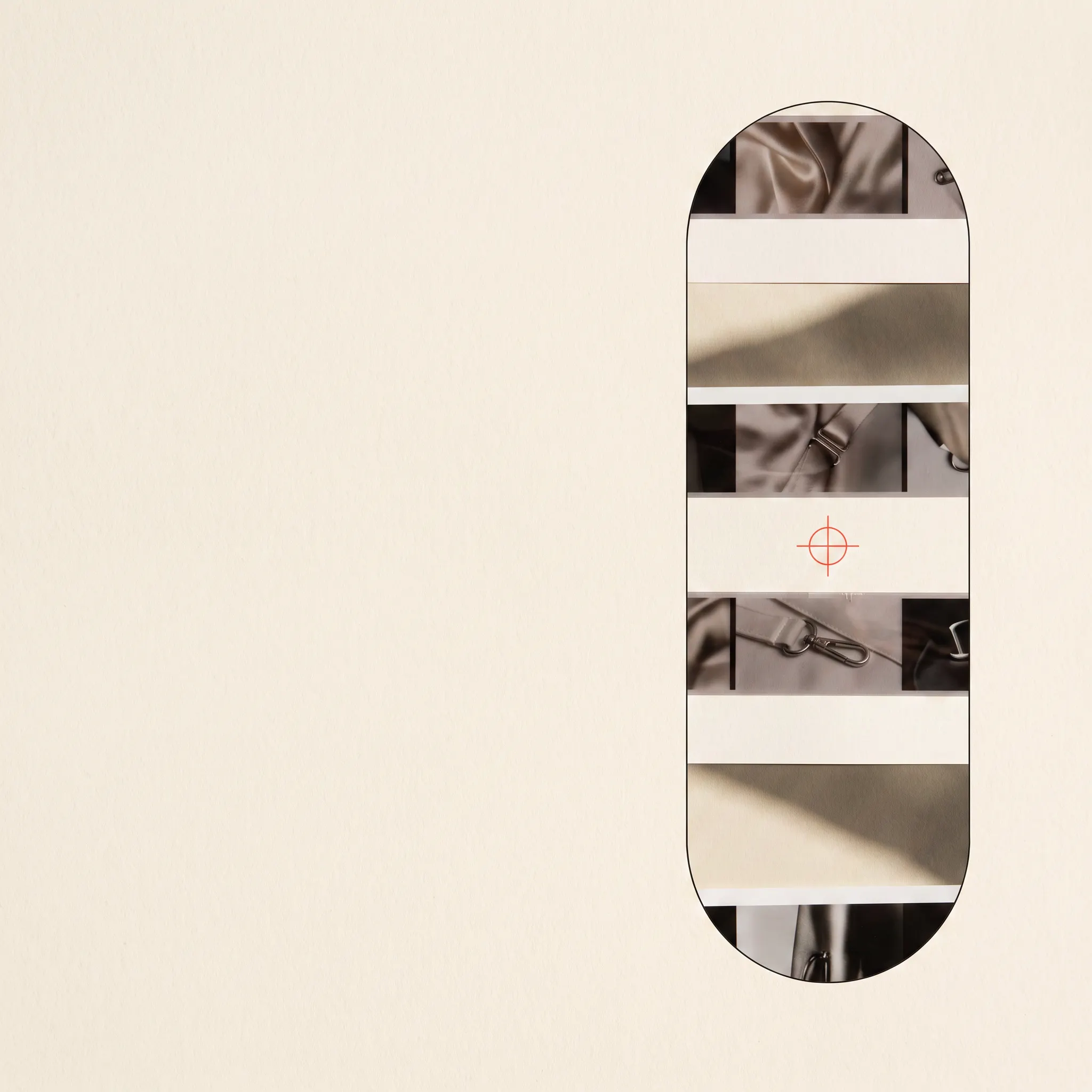 Photographic transparencies, blank paper, and shadow alternating inside one tall capsule