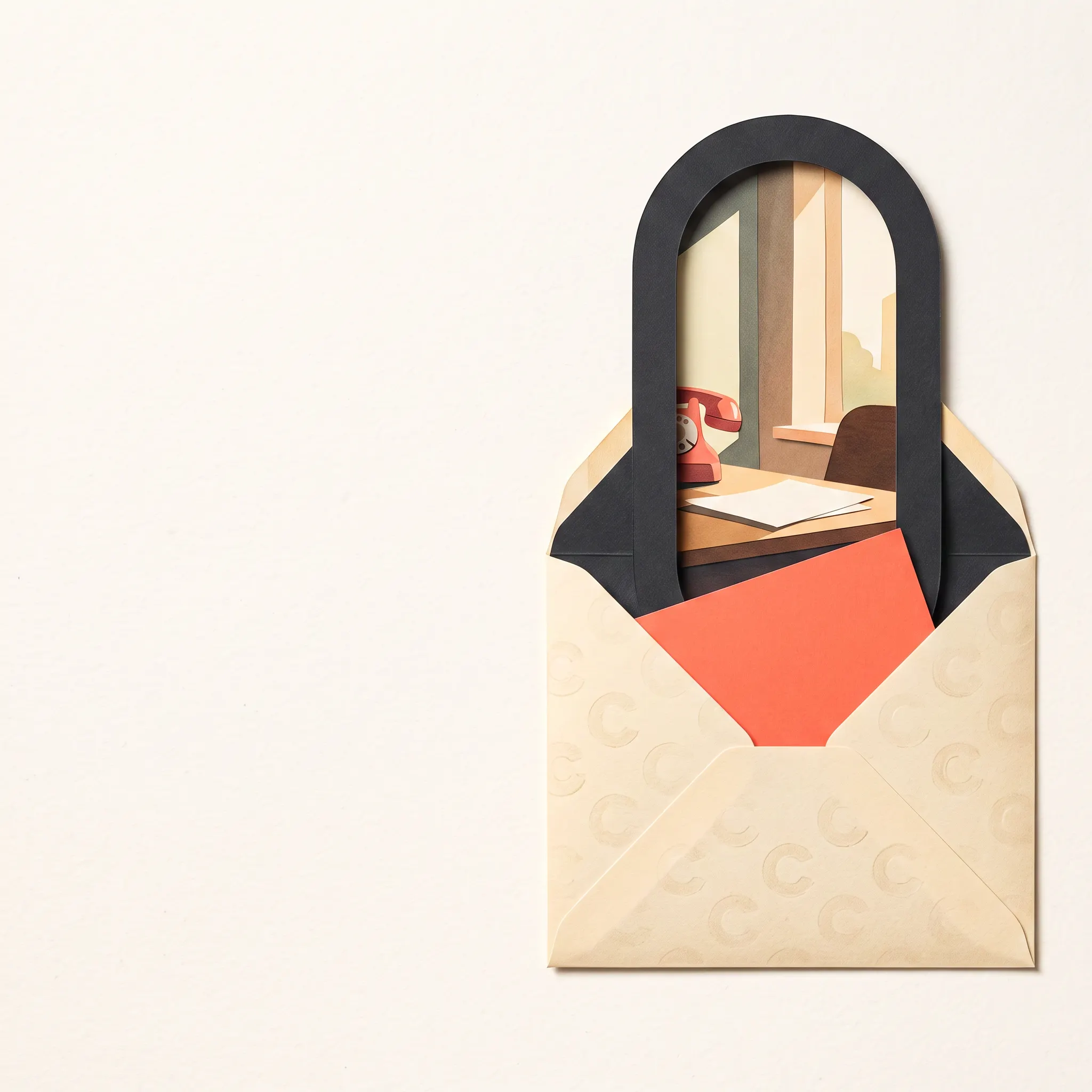 A paper envelope opening into a deep capsule-shaped story doorway