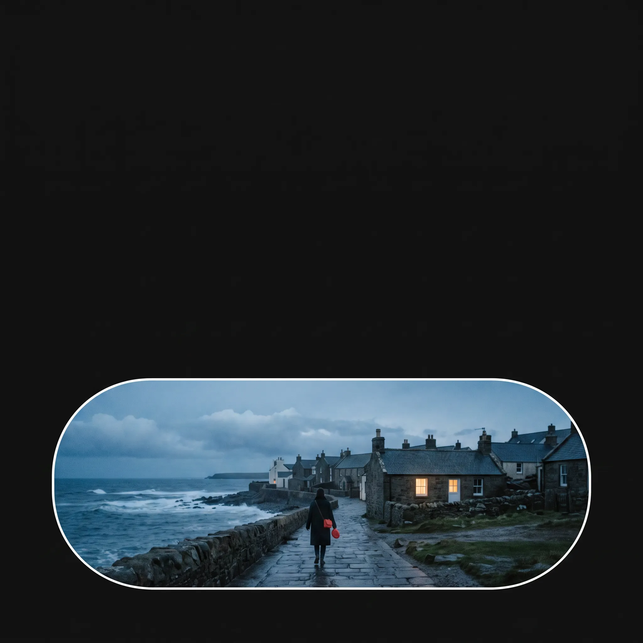 A windswept coastal town at blue hour framed inside one wide capsule
