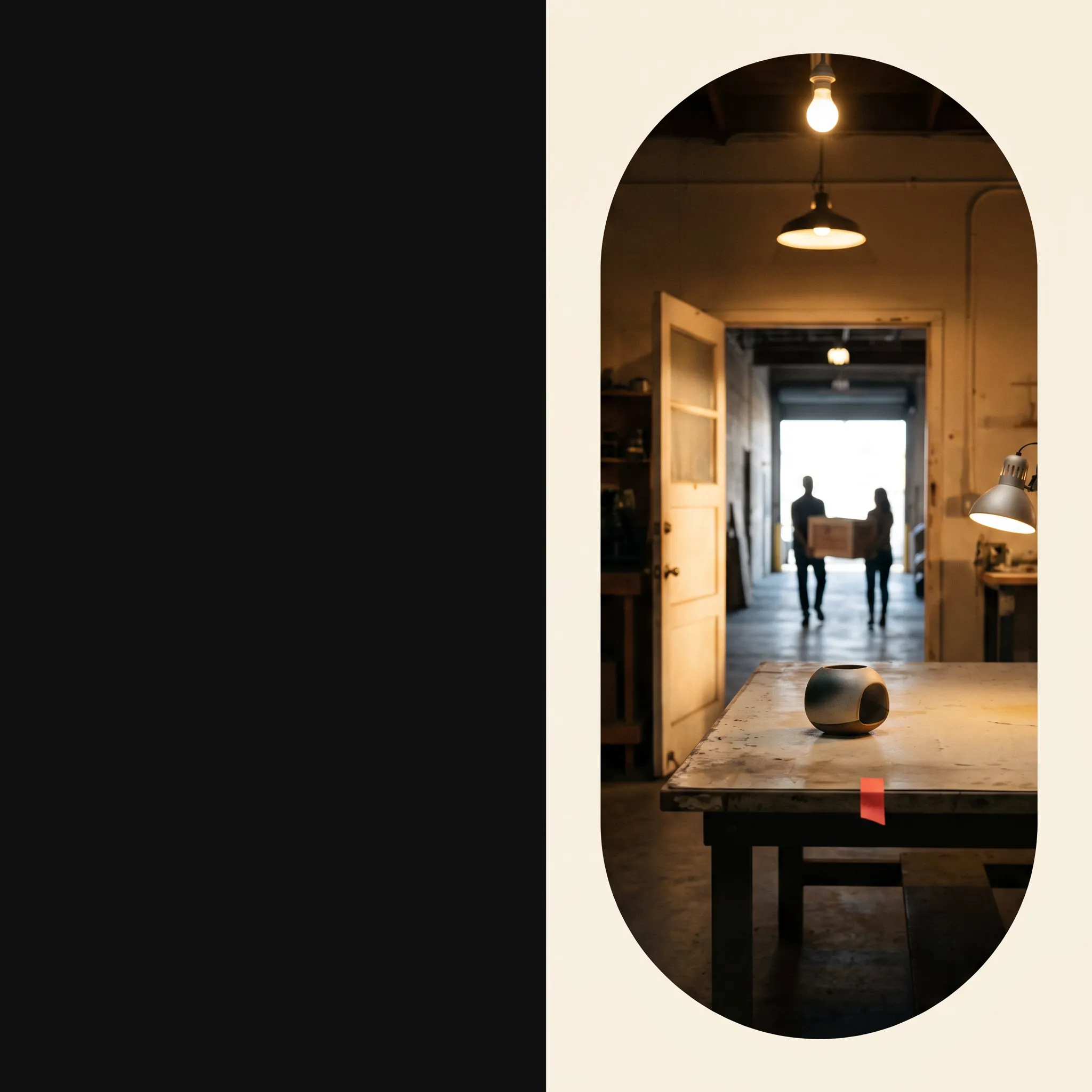 A workshop, prototype, and distant makers held inside one tall capsule scene