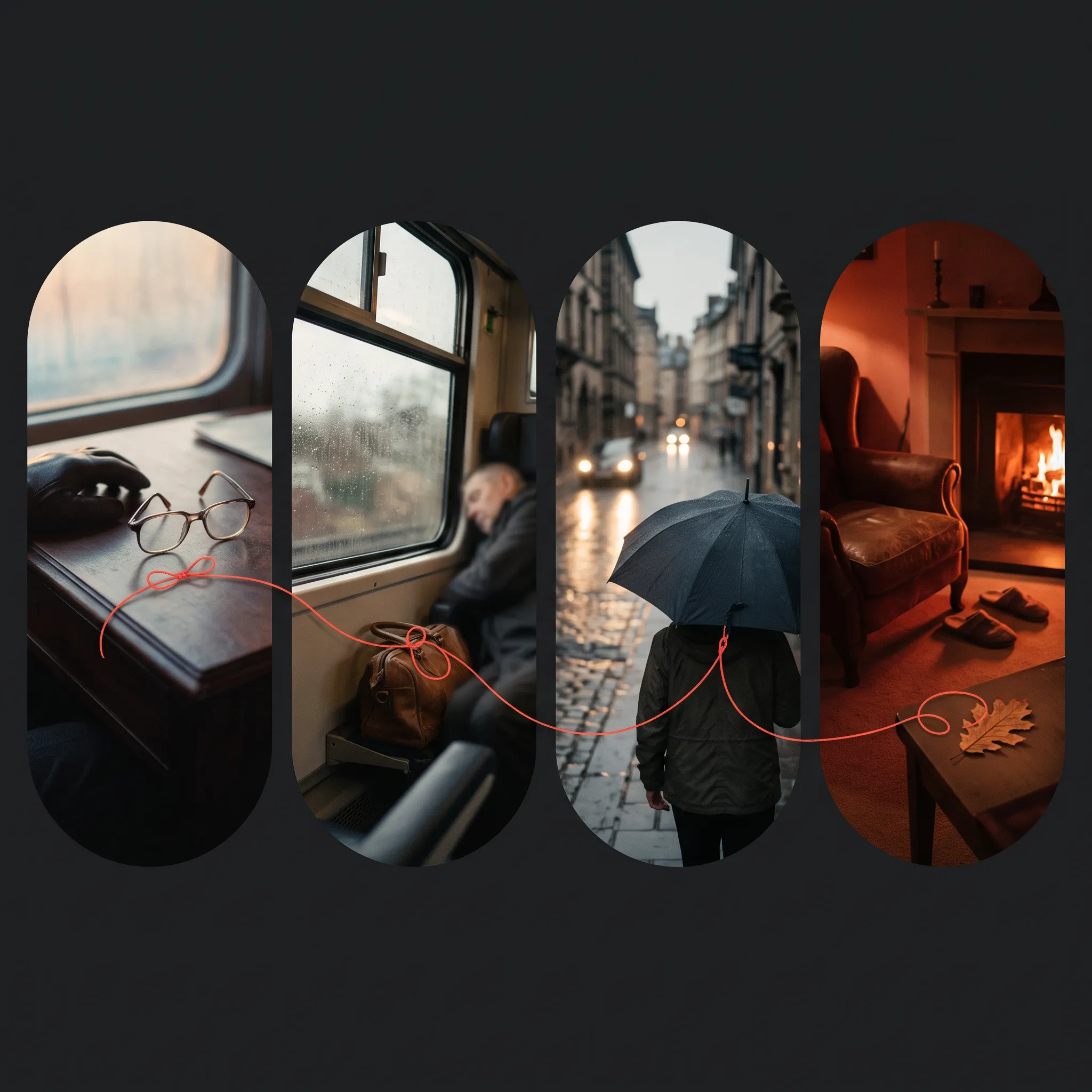 Four connected cinematic moments arranged as horizontal capsule frames