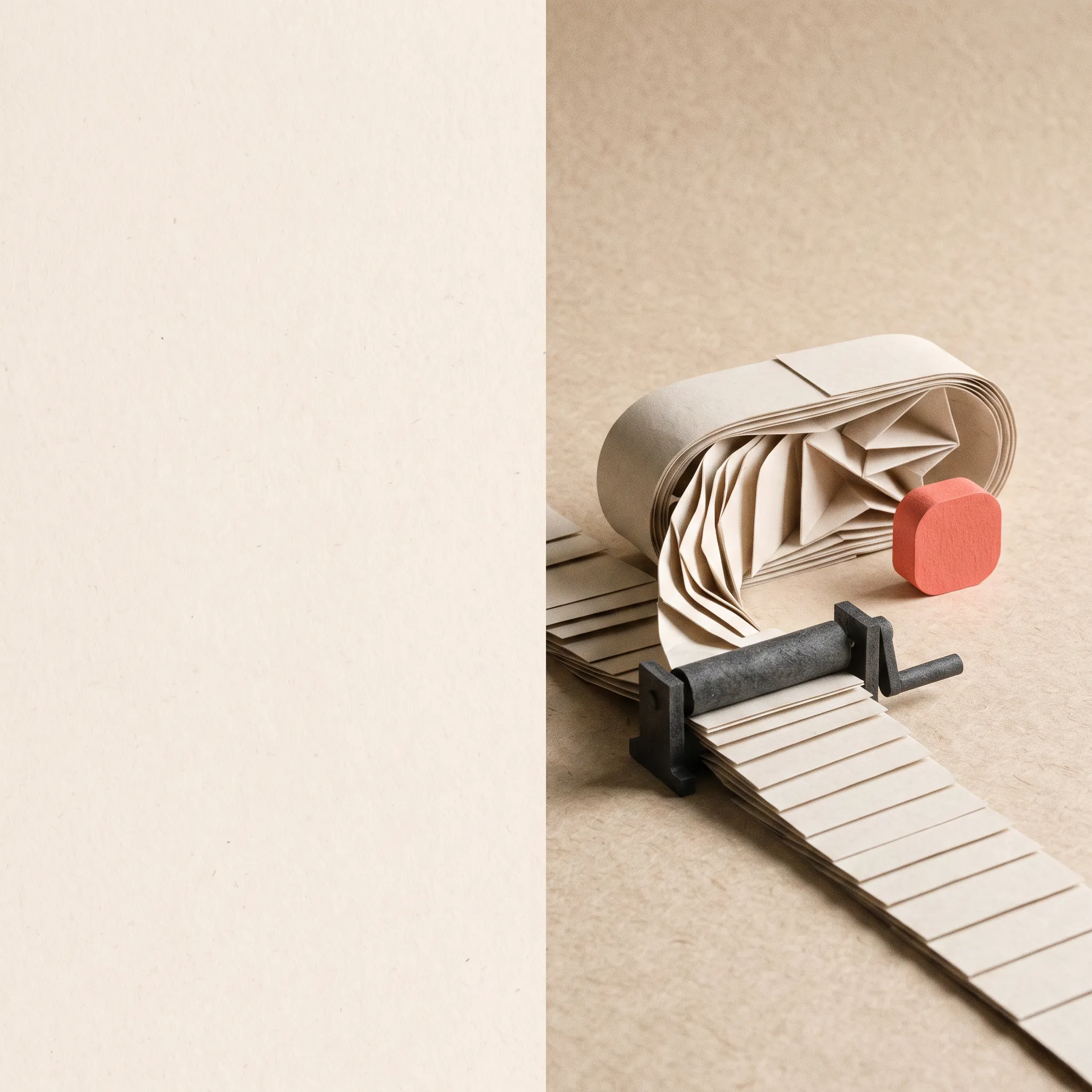 Folded paper becoming a capsule form beside a small coral stop block