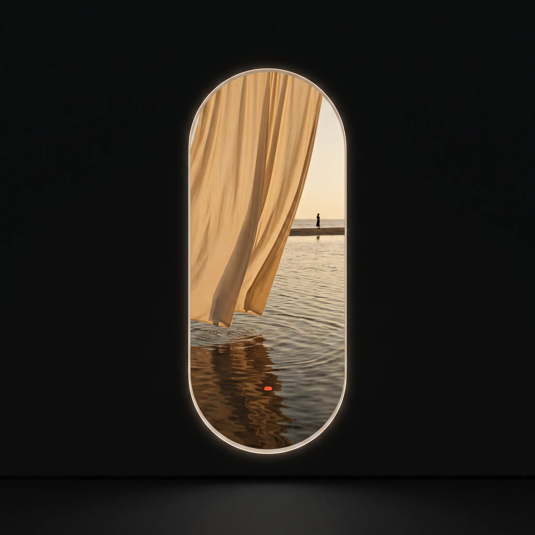 A luminous tall capsule aperture opening onto fabric, water, and sunset light