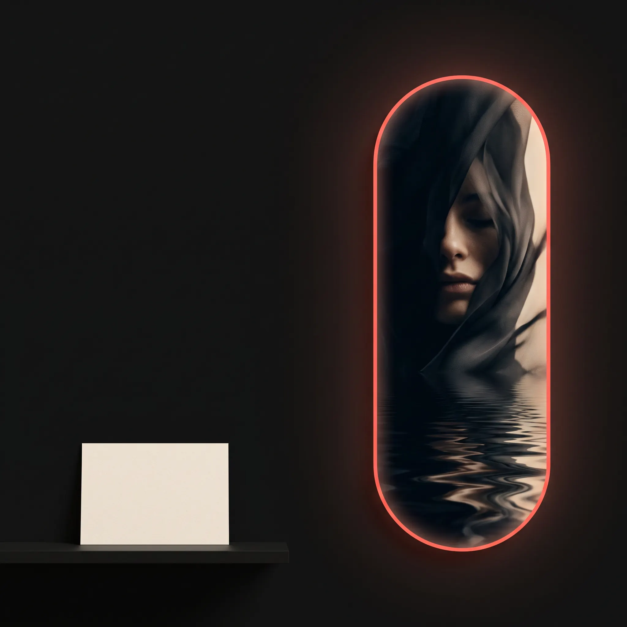 A luminous tall capsule combining portrait, fabric, shadow, and reflected water