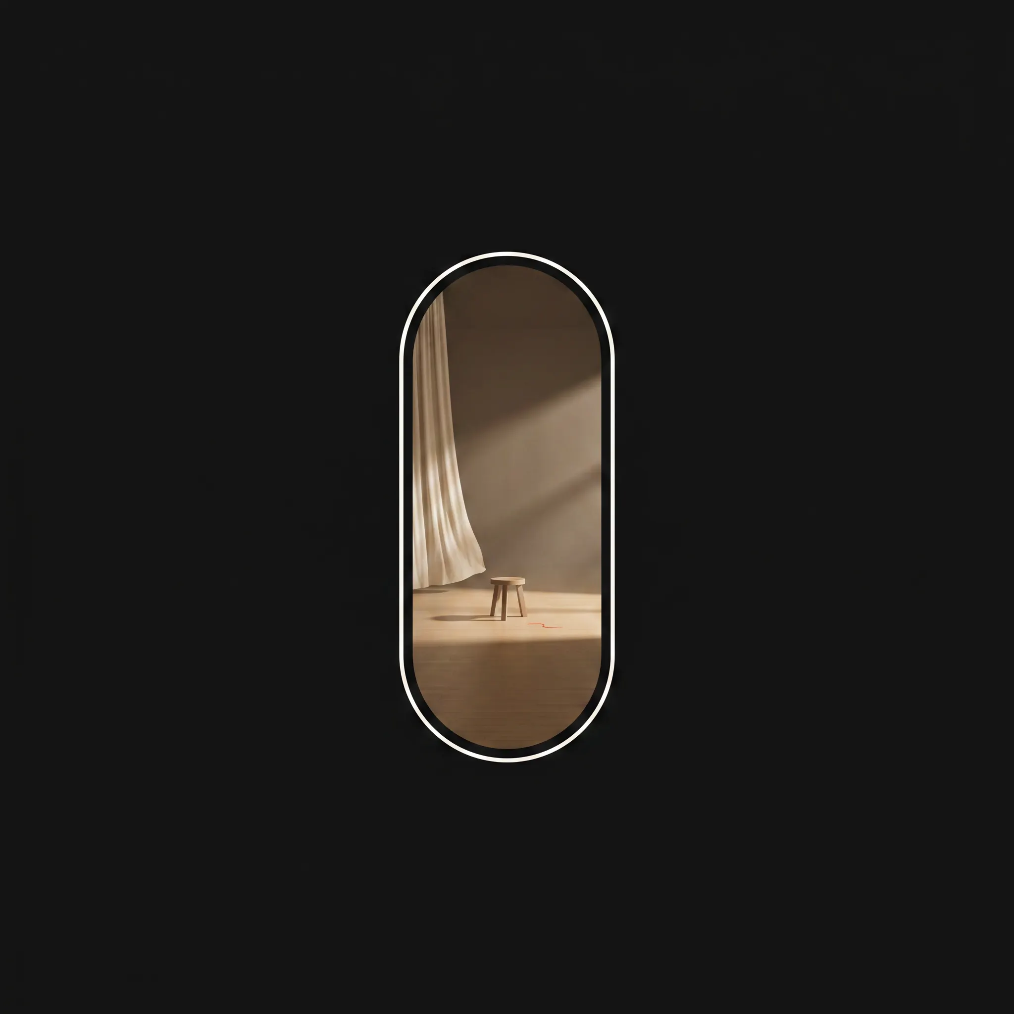 A quiet curtain, stool, and beam of light inside one tall capsule