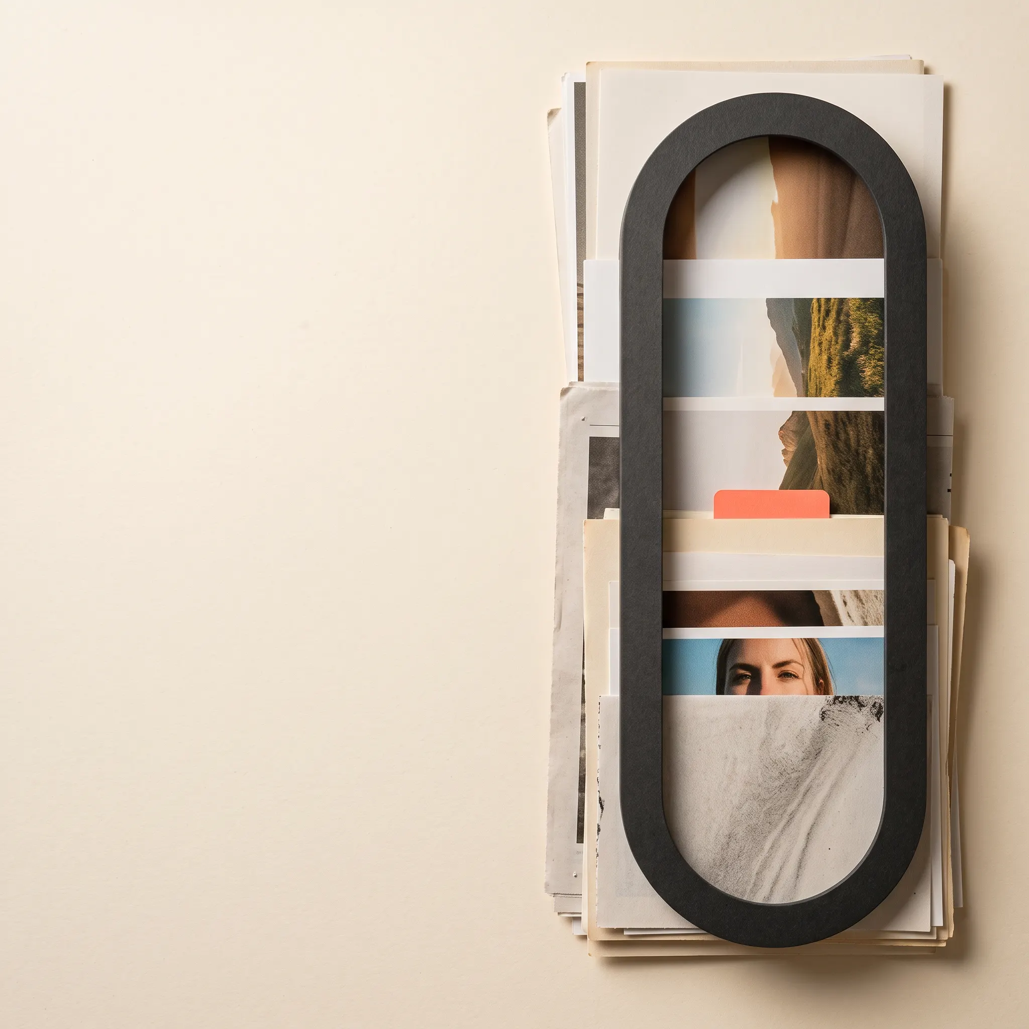 Printed pages passing into a tall capsule filled with visual scenes
