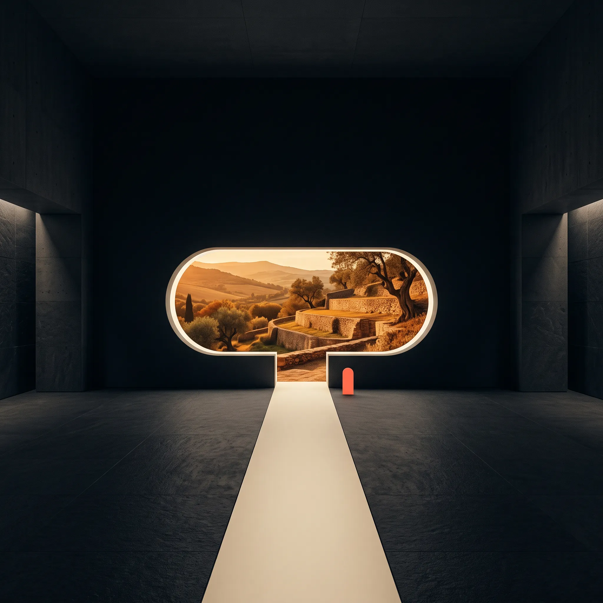 A narrow path leading to a luminous horizontal capsule doorway in a dark space