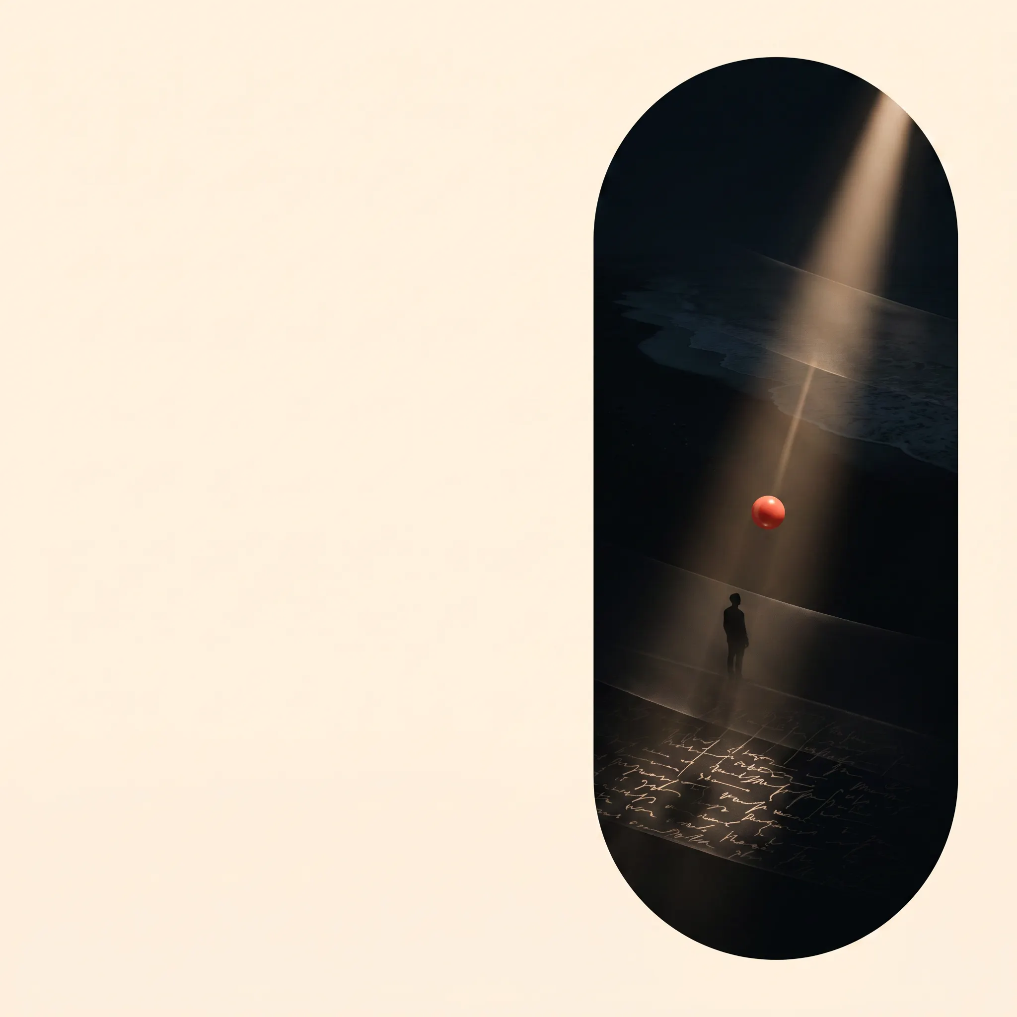 A shaft of light revealing shoreline, figure, and marks through one tall capsule