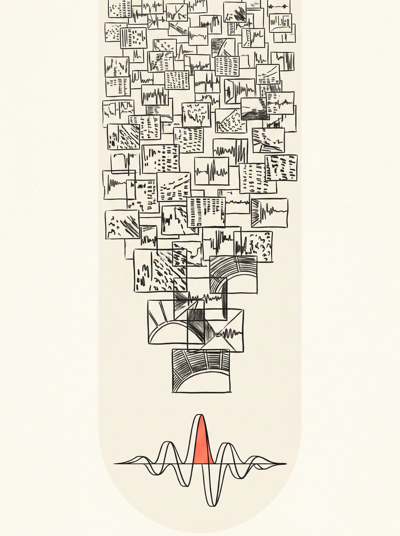 Hand-drawn fragments resolving into one deliberate coral-accented form