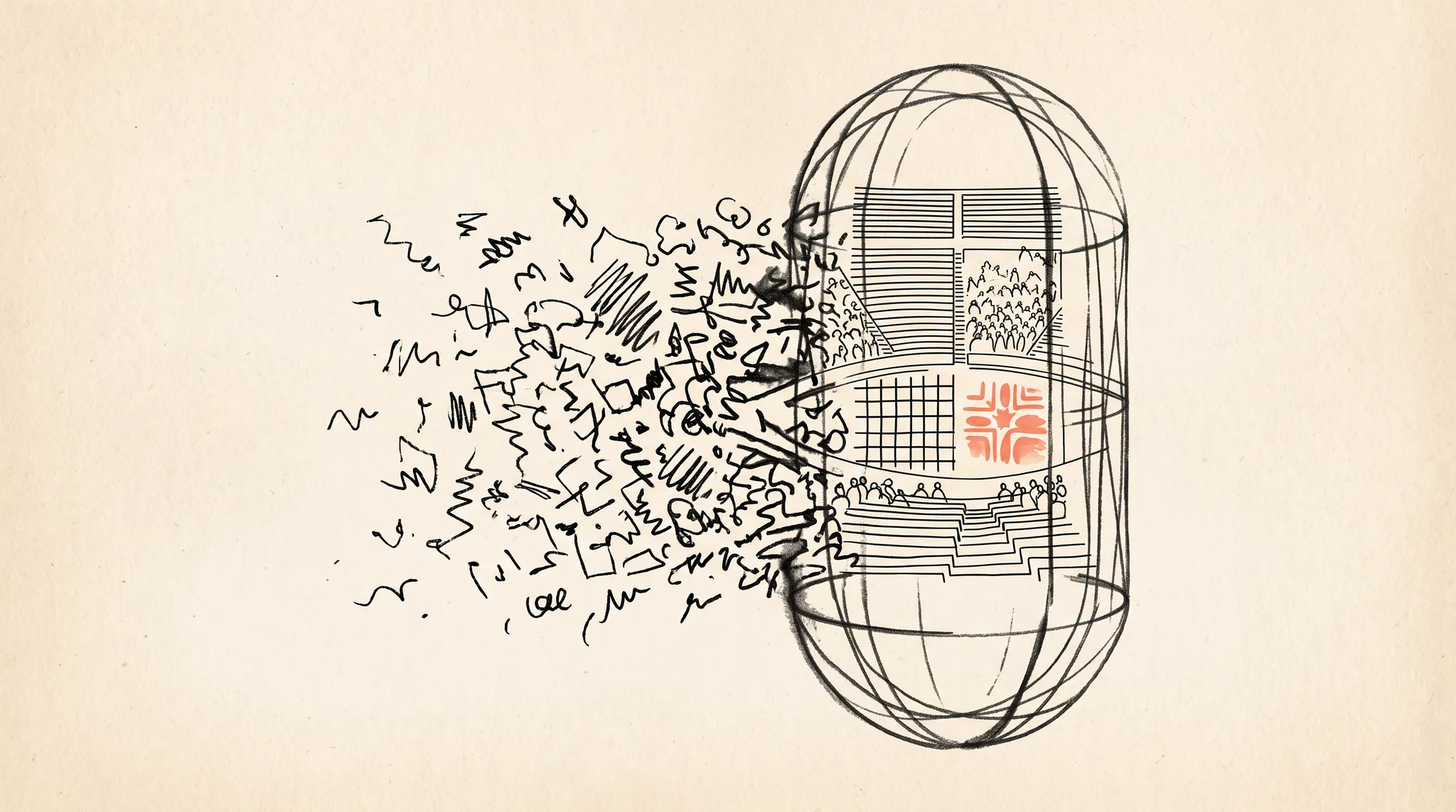 A chaotic field of marks becoming coherent inside a defined capsule-like boundary