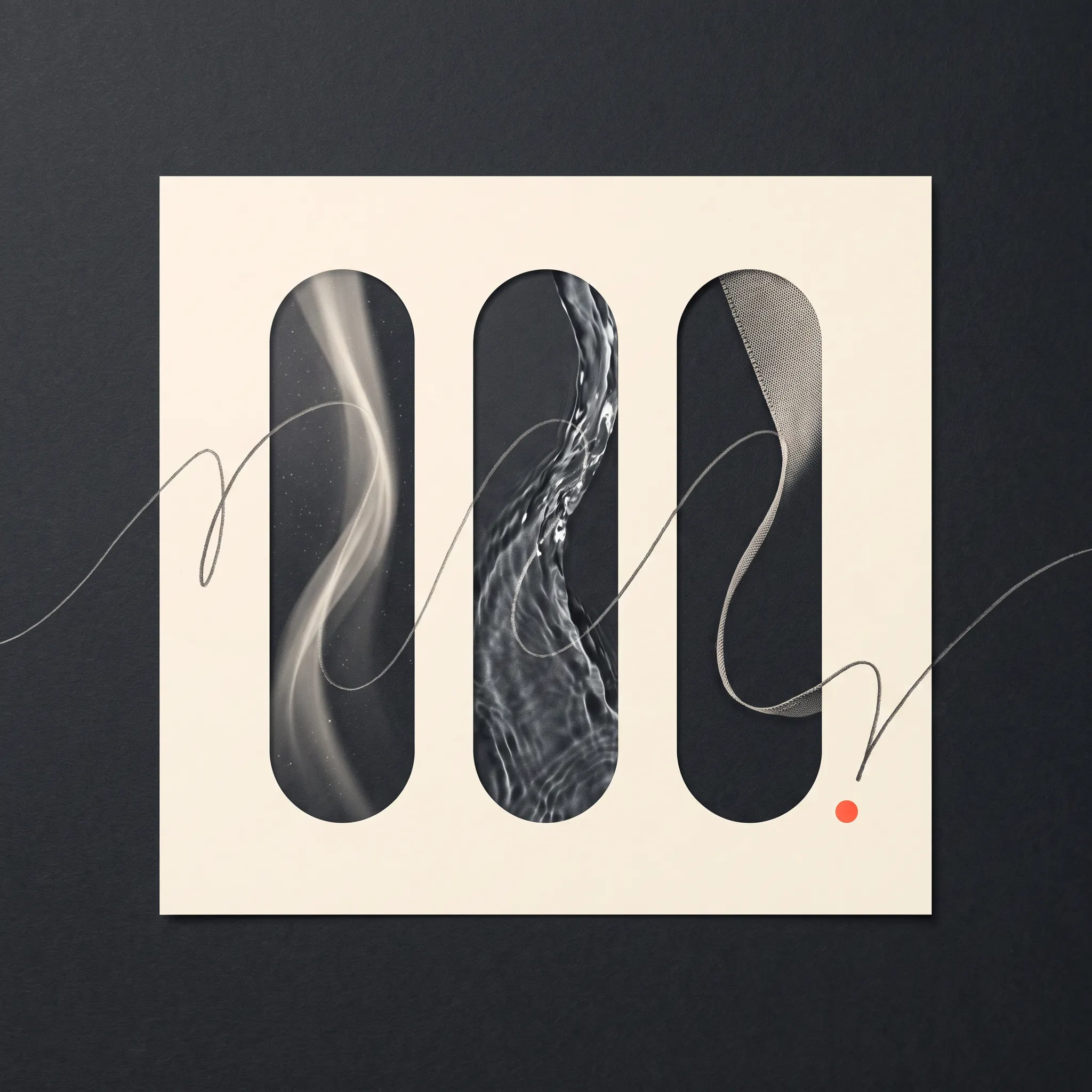 A continuous drawn line travelling through three tall cinematic capsule windows