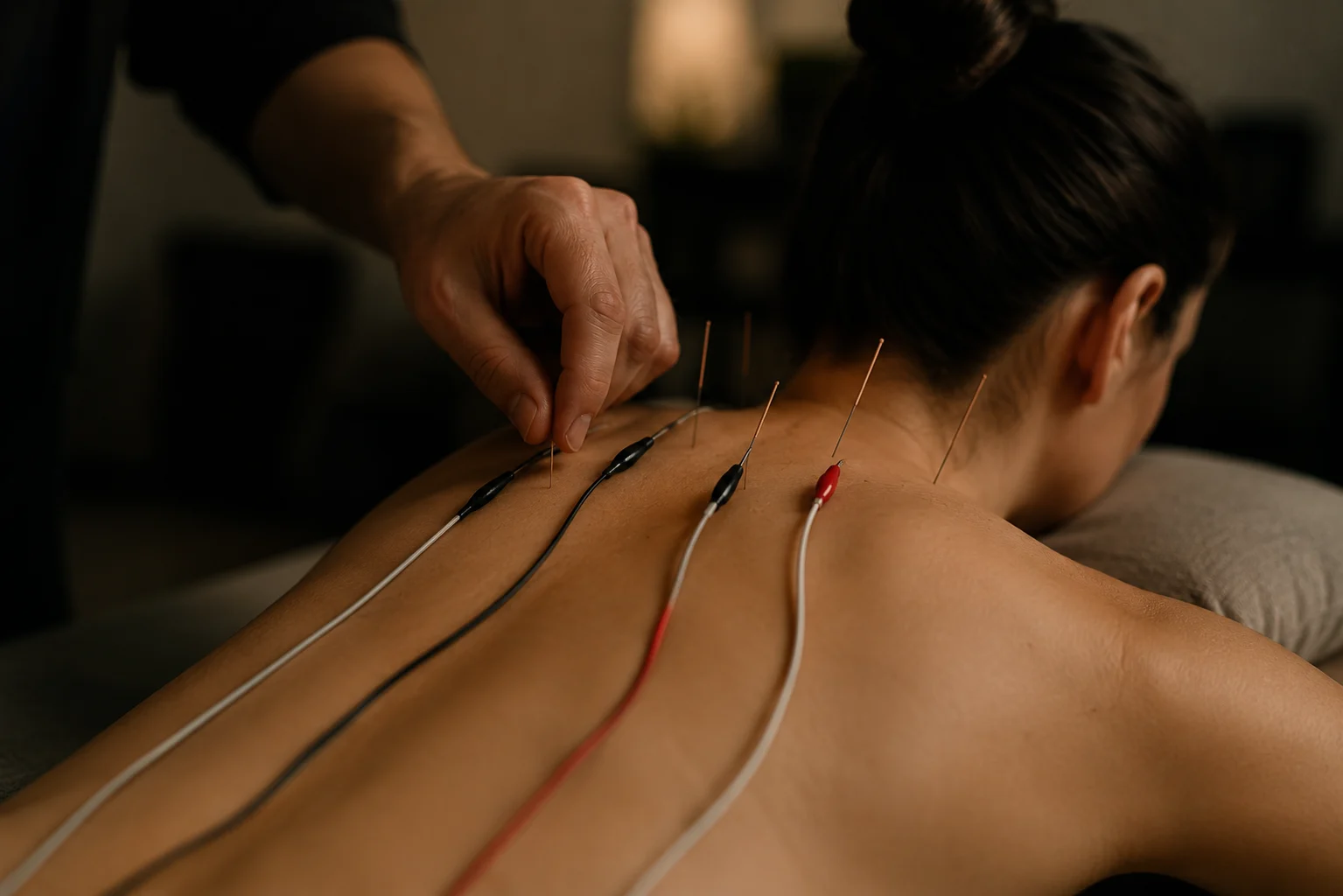 Acupuncture needles with electrical stimulation leads during a treatment