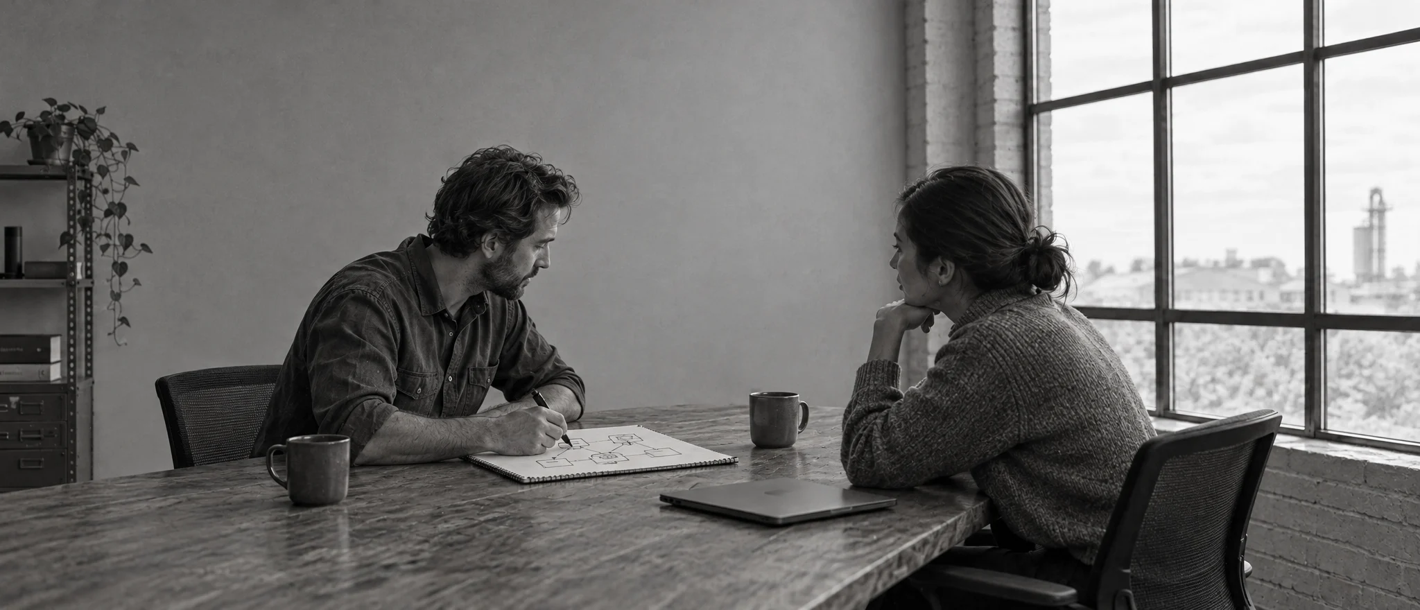 Two people work through a plan together at a table in a brick-walled office