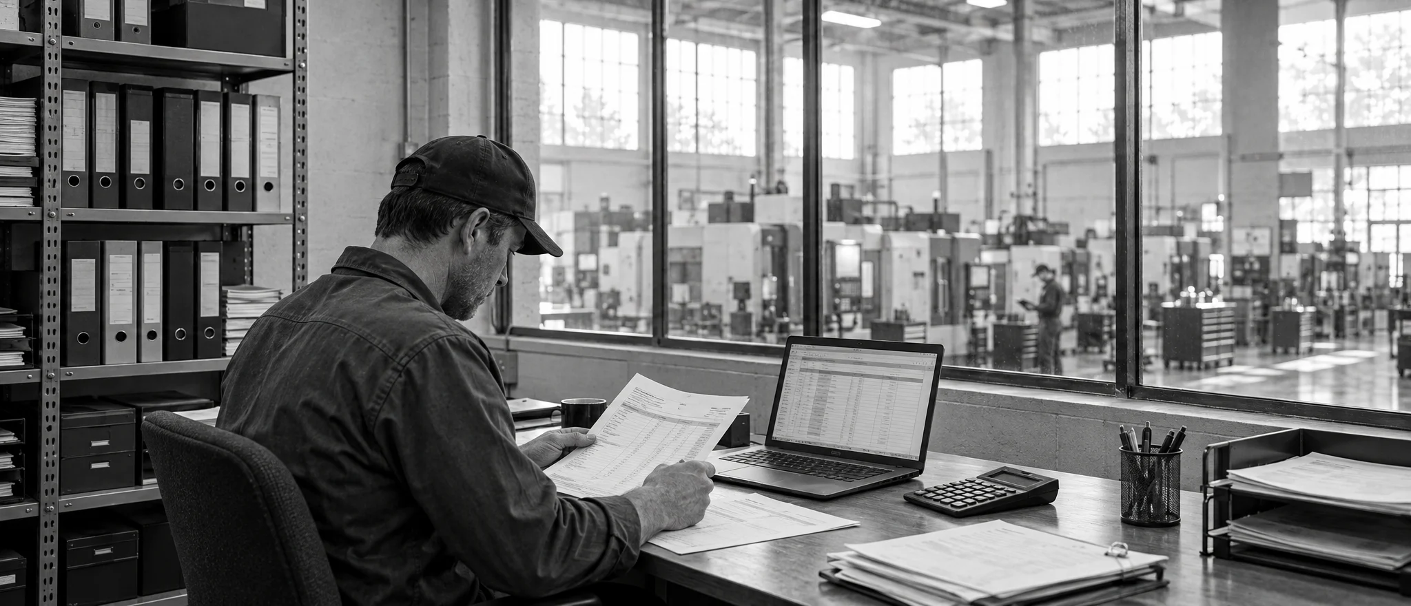 A person reviews printed invoices at a back-office desk overlooking a shop floor