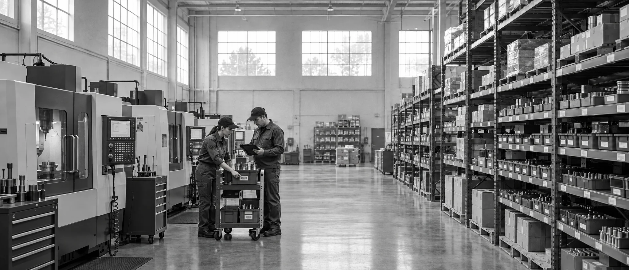 Two team members set up a new inventory system beside a machine on a manufacturing floor