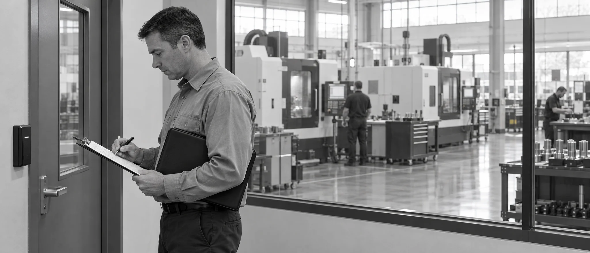 A manager checks a clipboard beside a badge-reader door, with CNC machines on the plant floor behind the glass